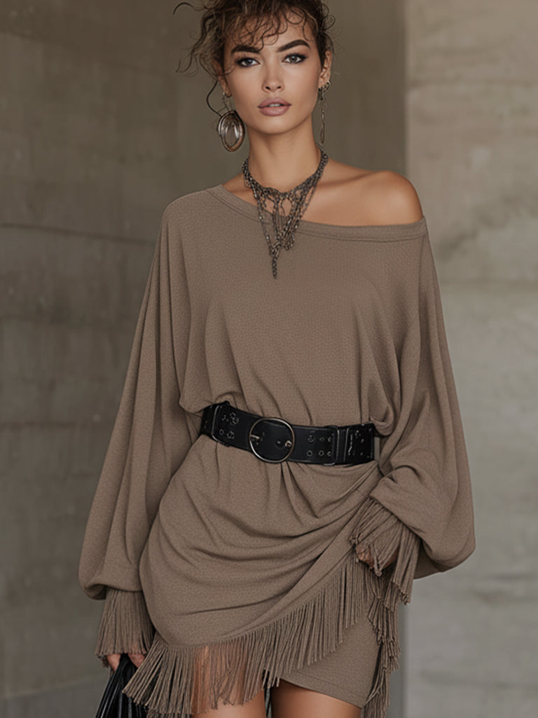 Taupe Comfortable Knitted Fringe Mini Dress With Belt