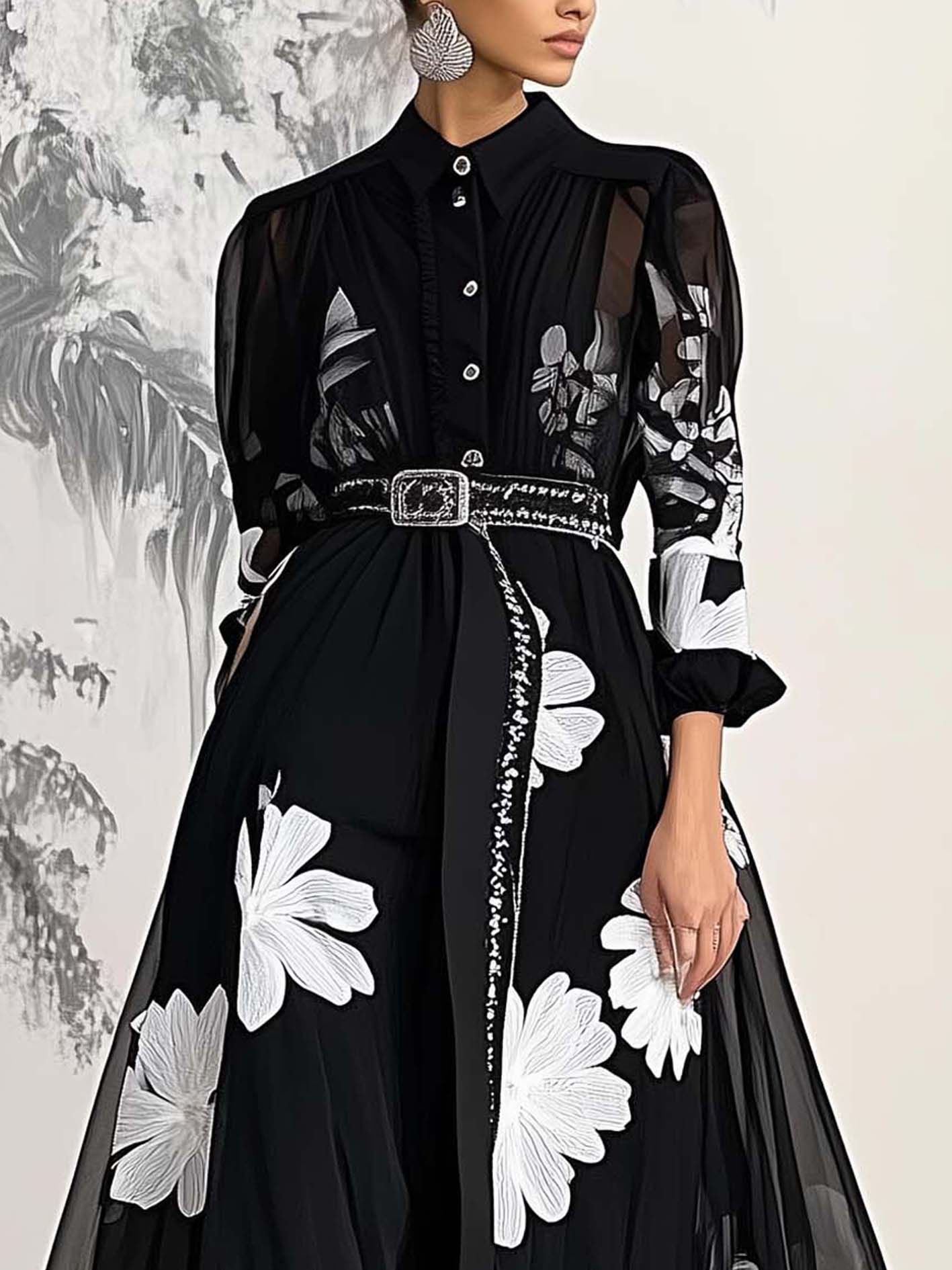 Black Tencel Chiffon Maxi Dress With Belt And White Flowers