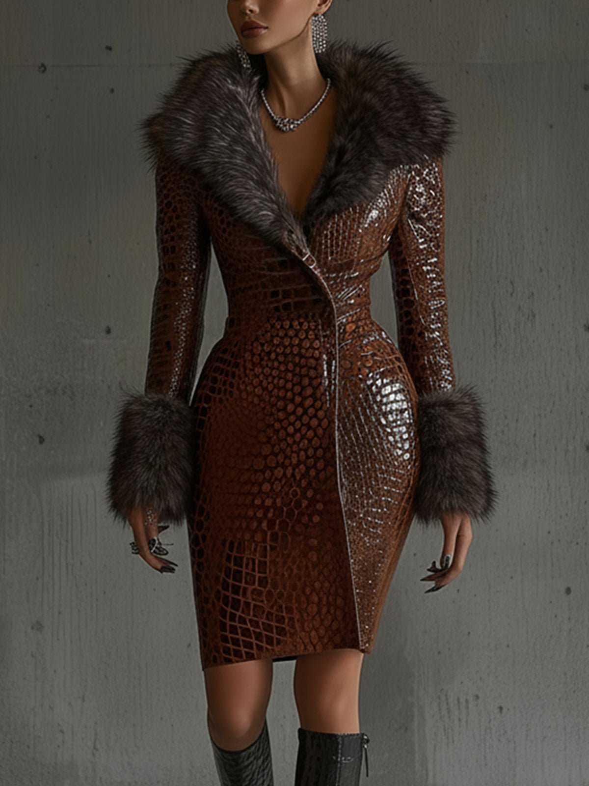 Crocodile Embossed Faux Leather Fur Collar Dress