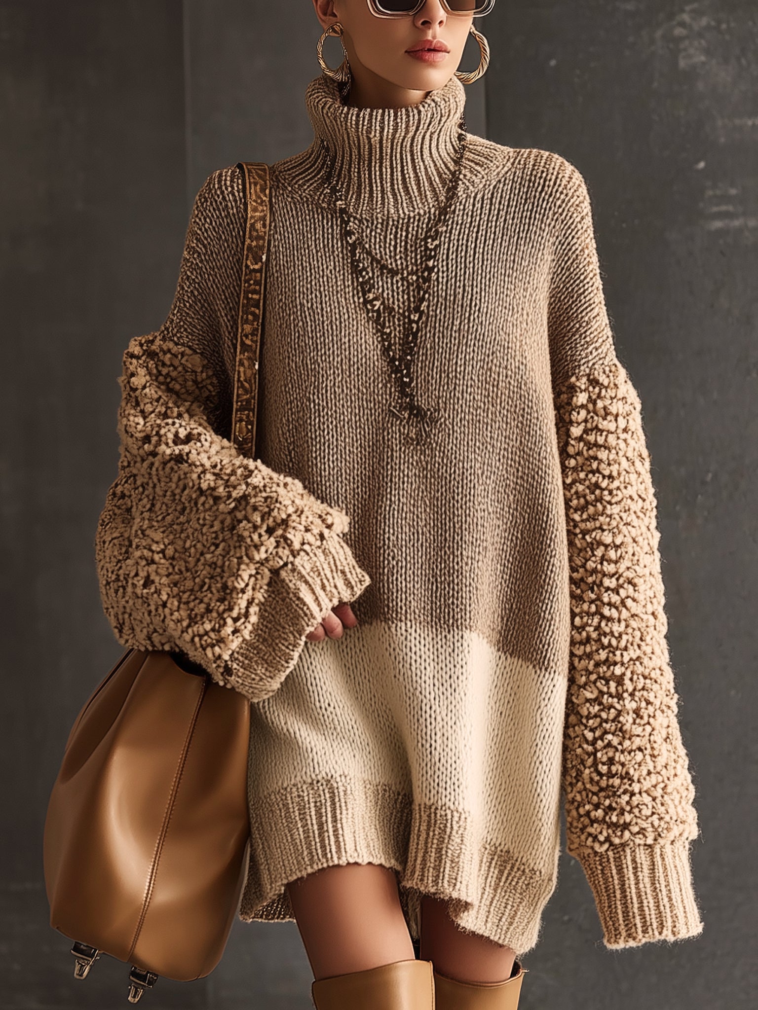 Camel Turtleneck Colorblock Knit Long Sleeve Mini Dress