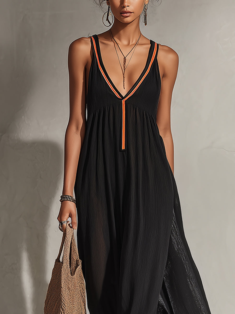 Black Sheer Lightweight Loose Knit Slip Maxi Dress