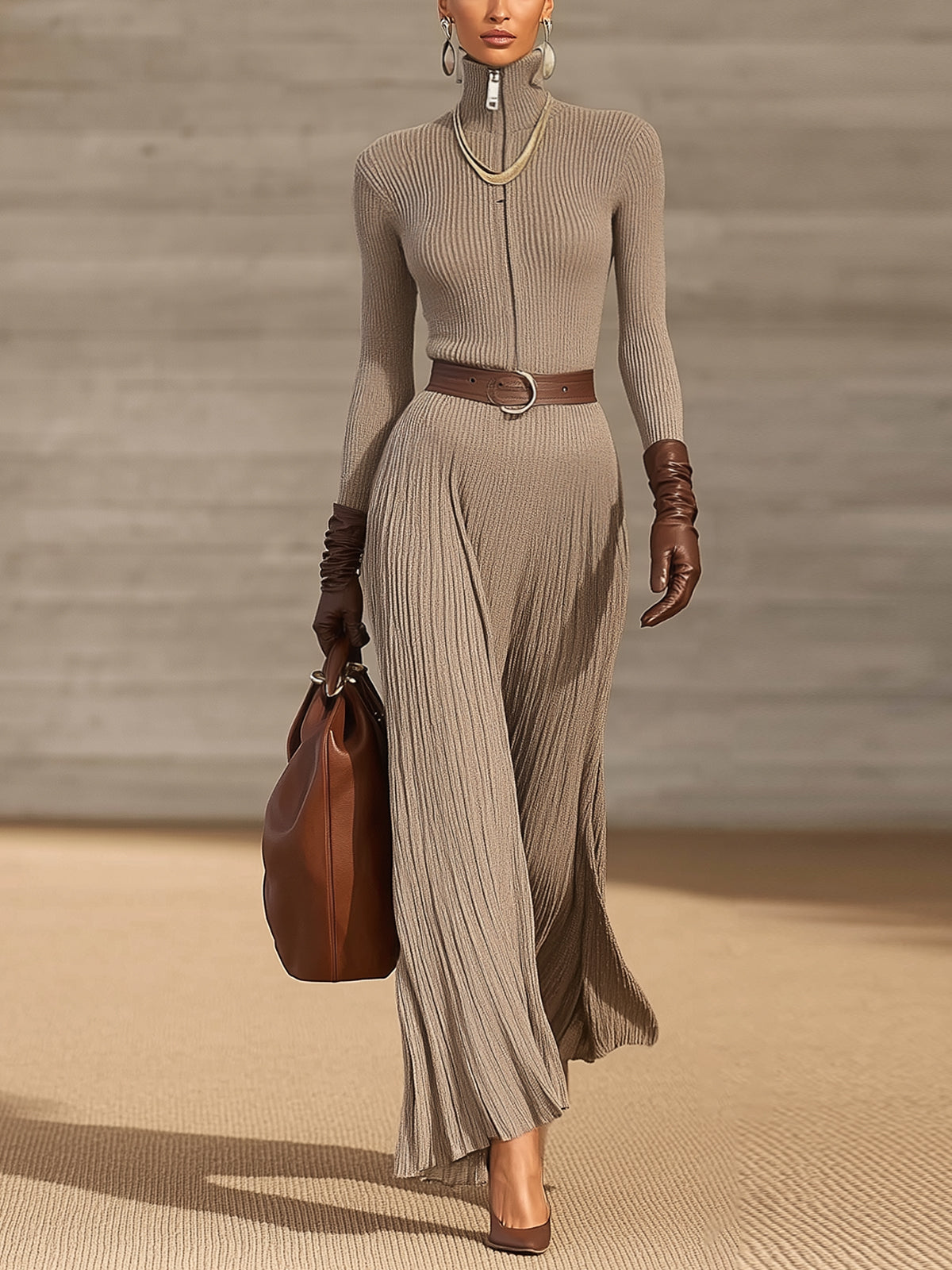 Taupe Zip Front Ribbed Knit  Midi Dress (Belt Included)