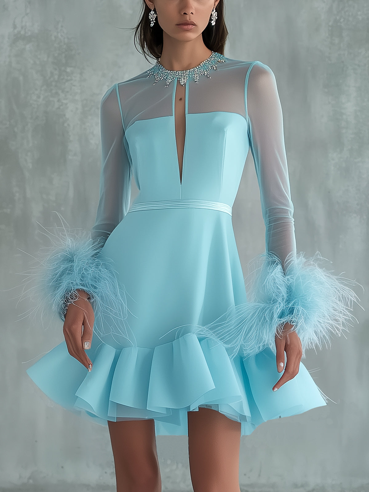 Blue Mesh Feather Cuff Plunge Illusion Long Sleeve Mini Dress