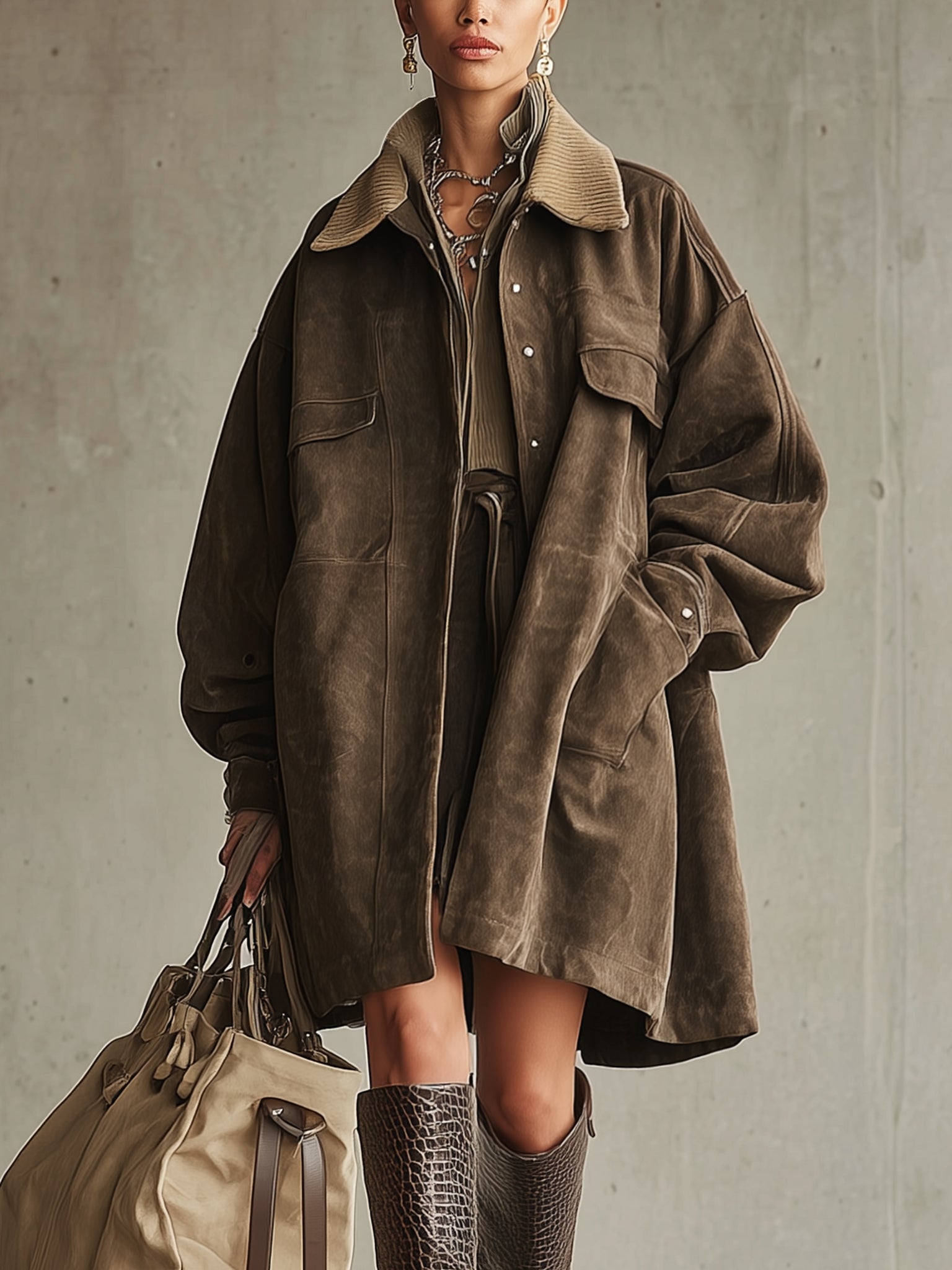 Brown Washed Oversized Suede Jacket With Corduroy Collar
