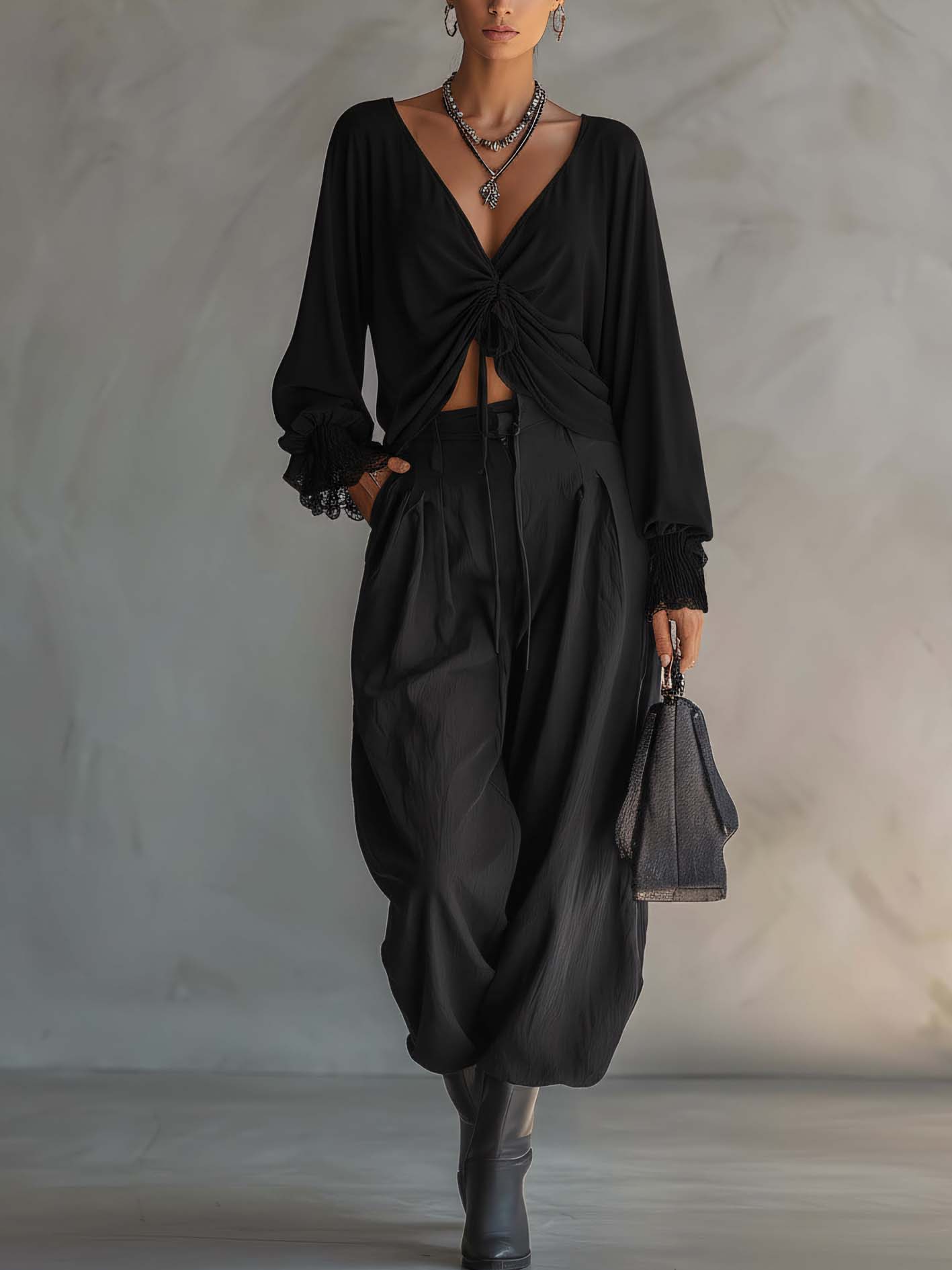 Black Pleated Chiffon Blouse With Ruffled Cuffs And Cotton-Linen Pants Two-Piece Set