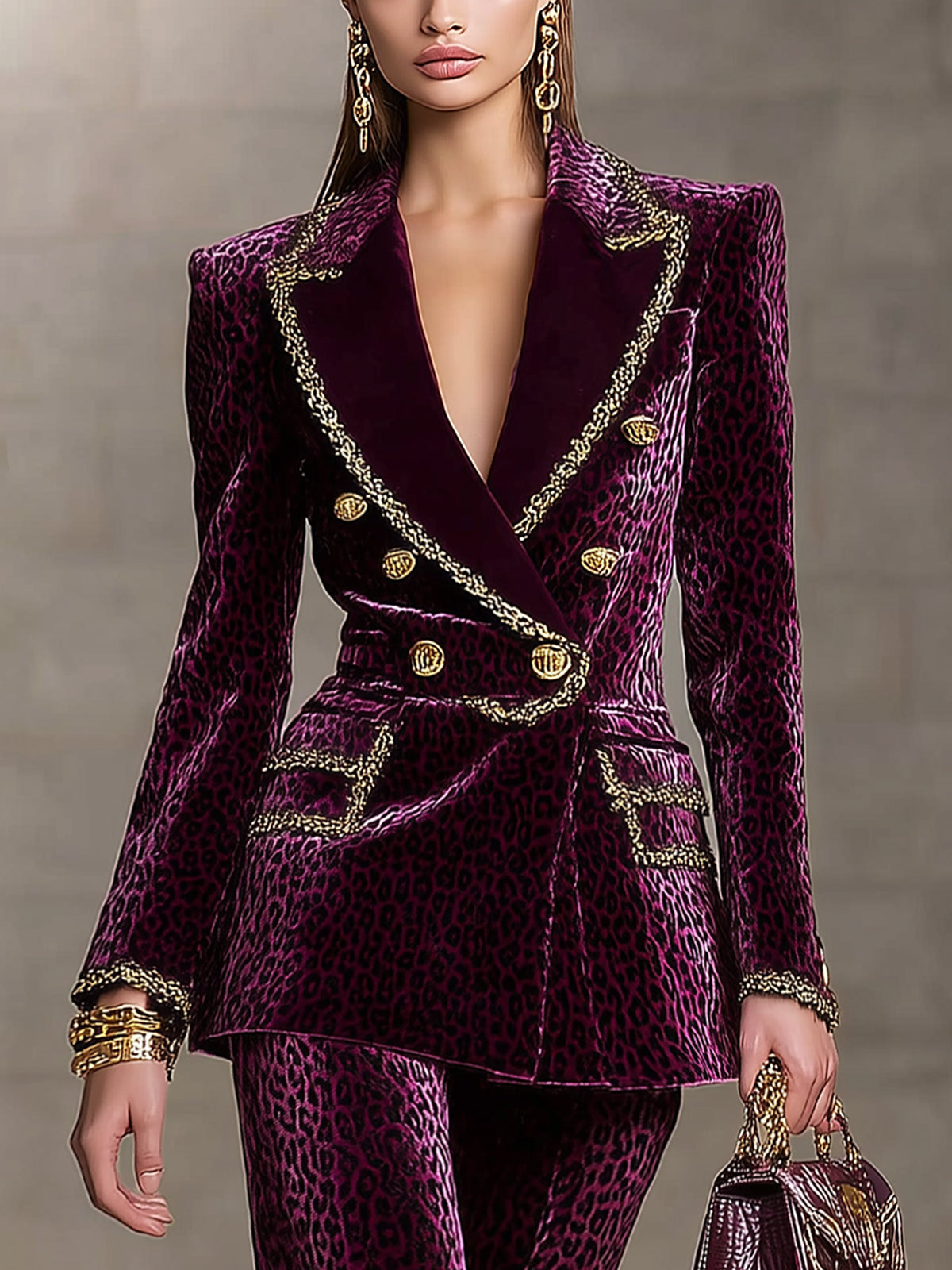 Plum Velvet Leopard Print Double Breasted Blazer