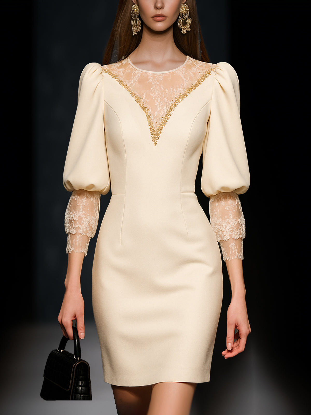 Elegant Sheath Dress With Puff Sleeves And Lace Applique