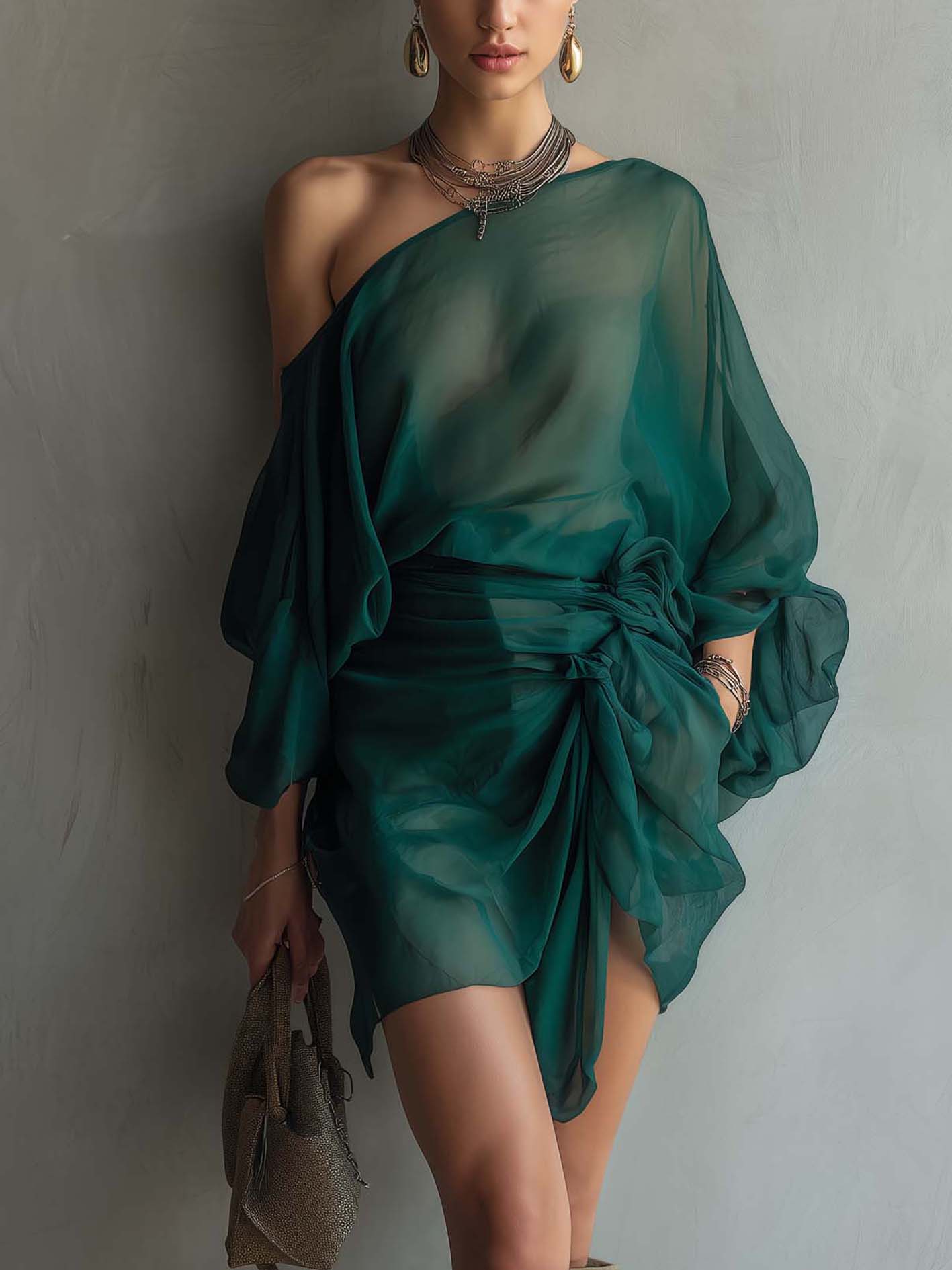 Emerald Green Sheer Chiffon One Shoulder Mini Dress
