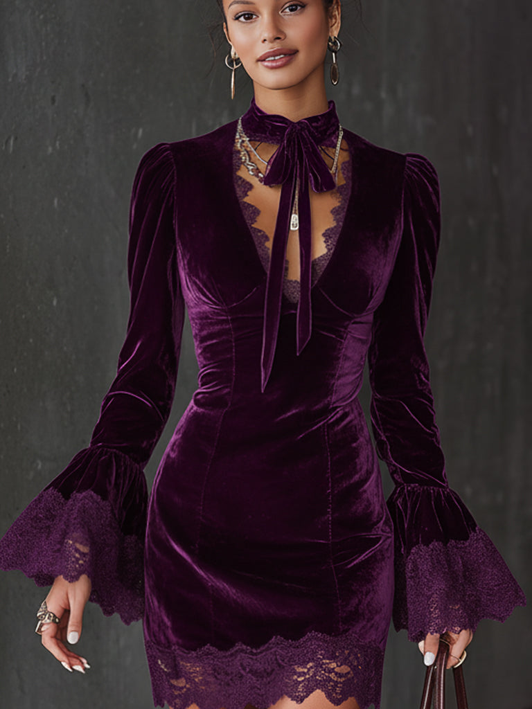 Plum Velvet Lace Trim Tie Neck Long Sleeve Mini Dress