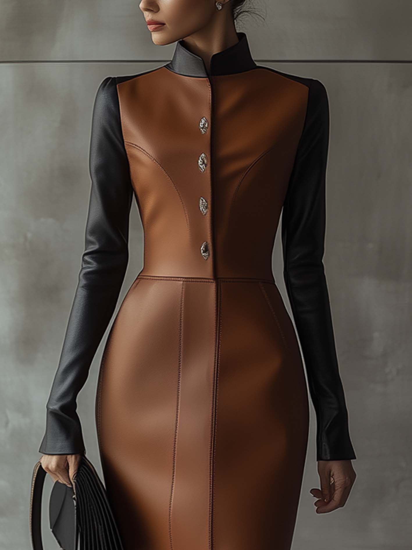 Elegant Brown Faux Leather Midi Bodycon Dress With Stand-up Collar