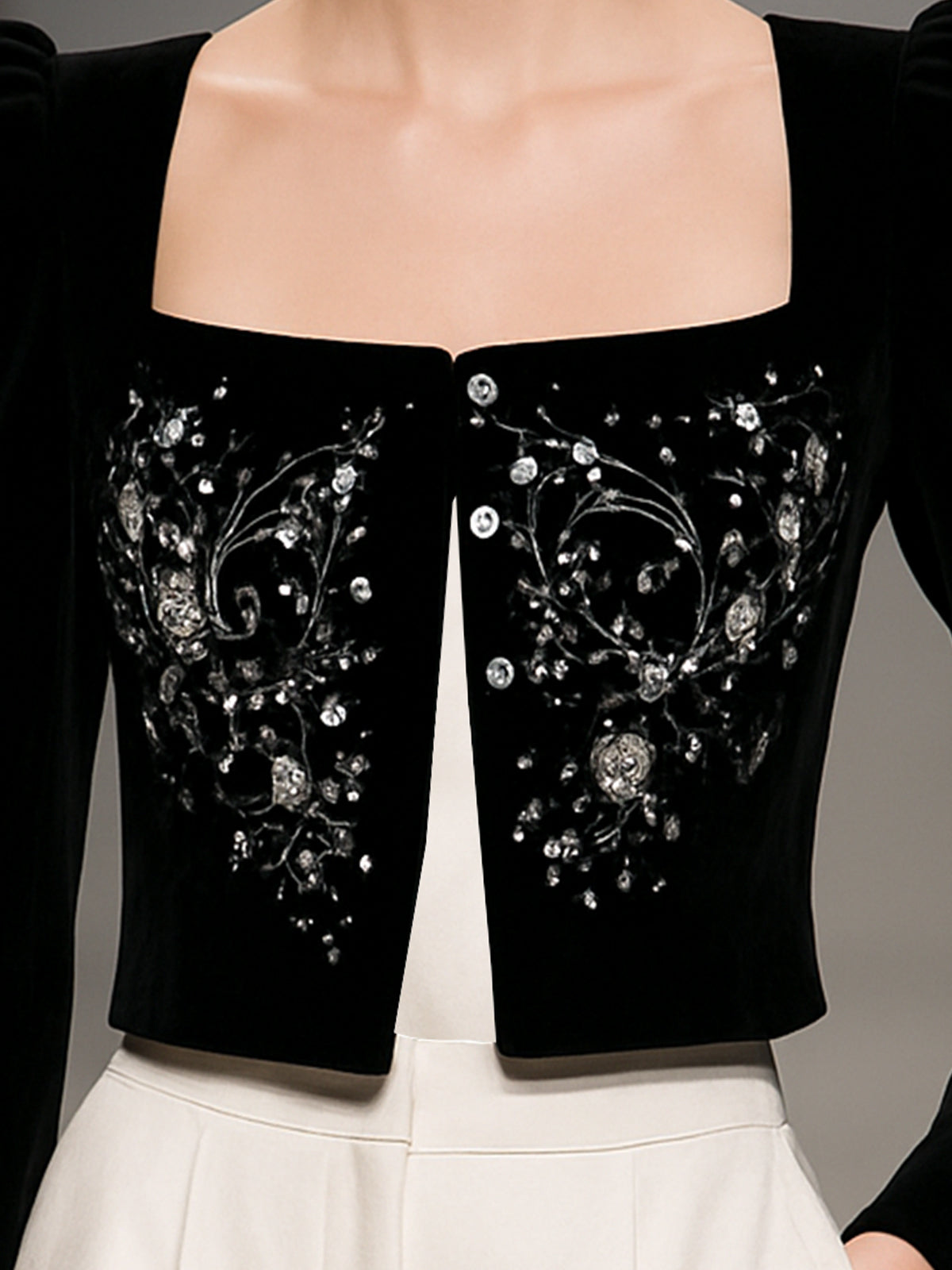 Luxurious Black Velvet Cropped Blazer With Intricate Embroidery