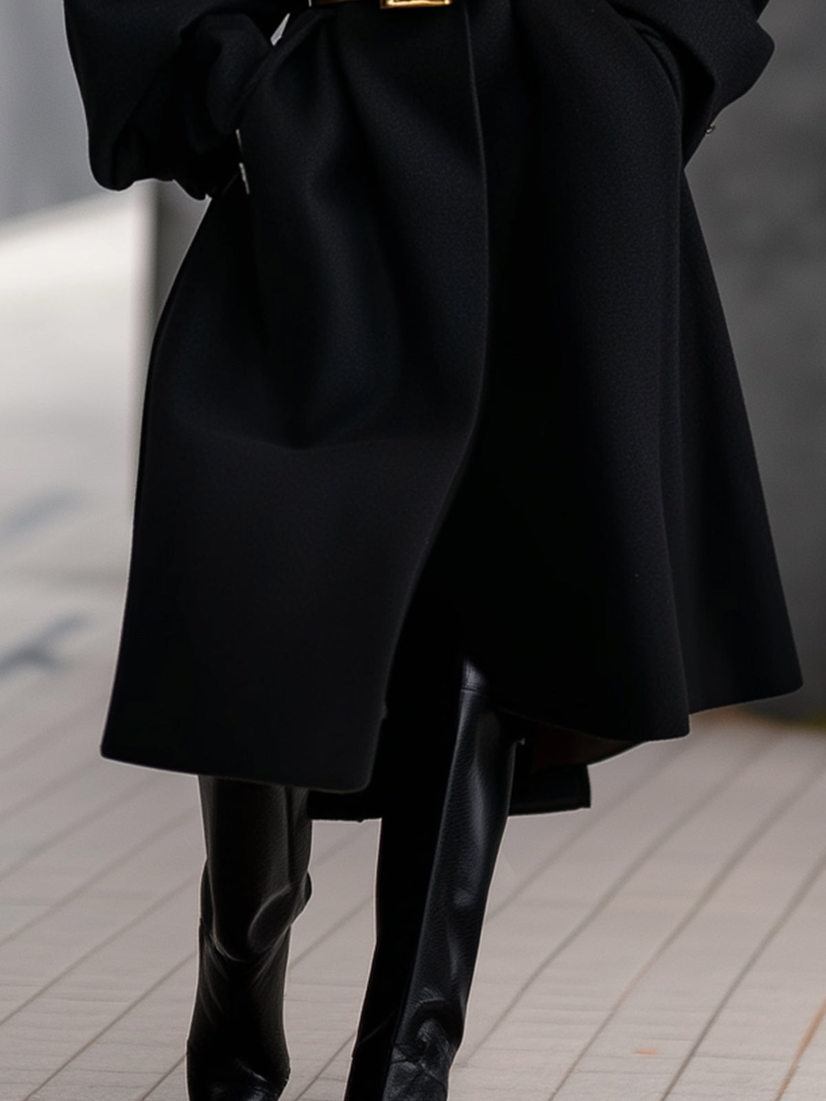 Black Wool Oversized Coat With Statement Gold Belt