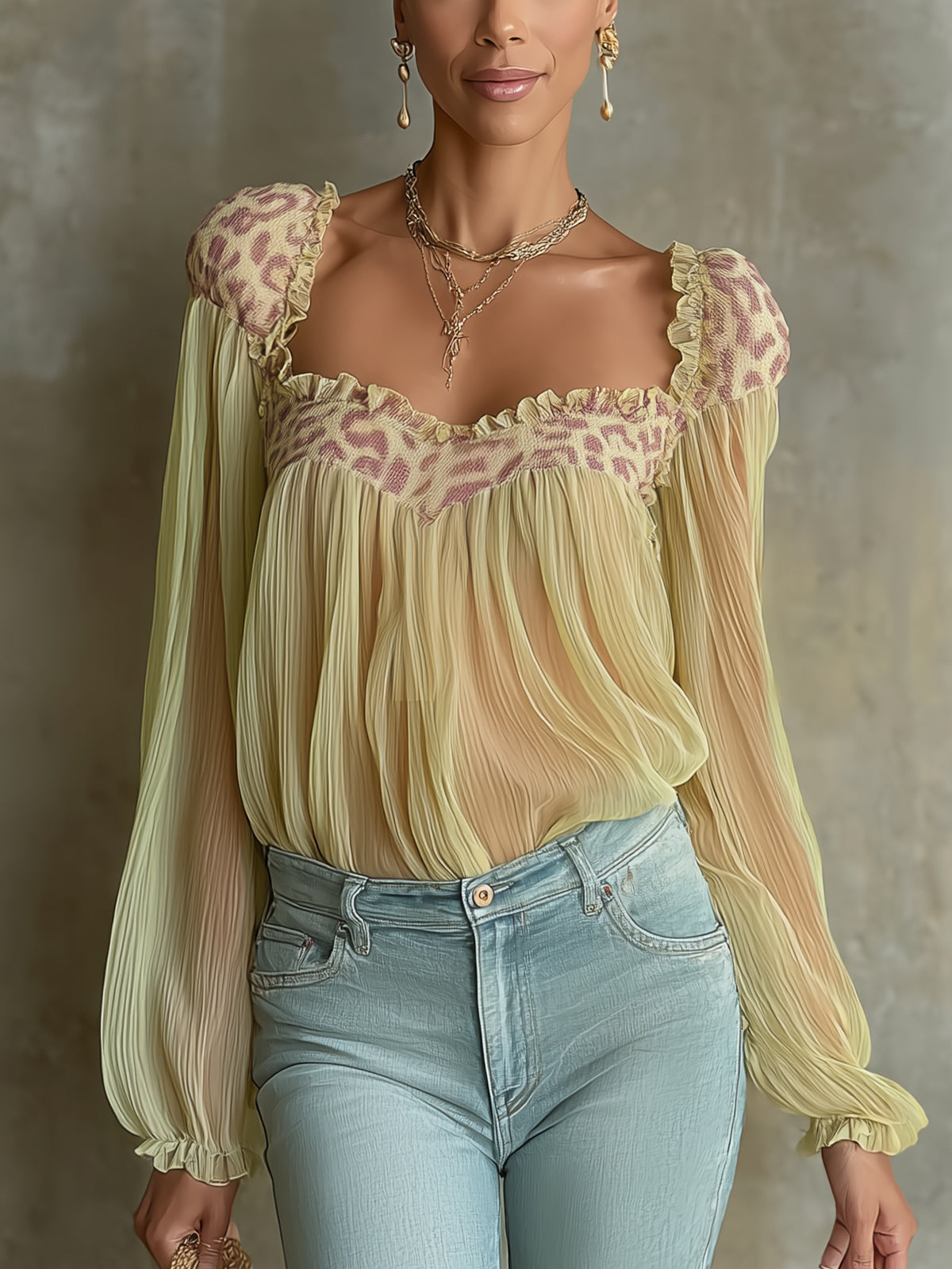 Green Pleated Chiffon Blouse With Leopard Print