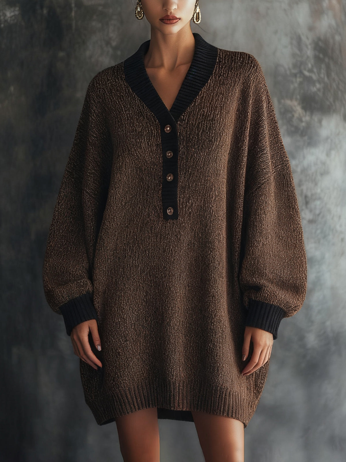 Brown Knit Button-Front Sweater Dress