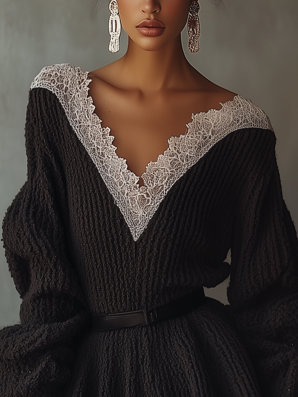 Black Knitted Mini Dress With Lace V-neck And Hem And Belt