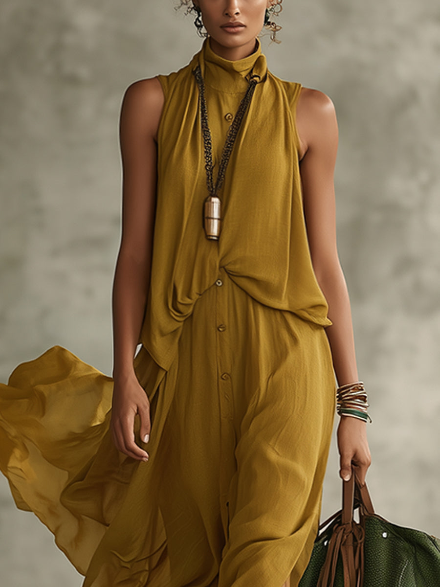 Yellow Chiffon Sleeveless High-Neck Asymmetric Hem Dress