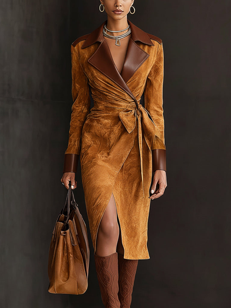 Brown Vintage Suede Faux Leather Wrap Long Sleeve Midi Dress