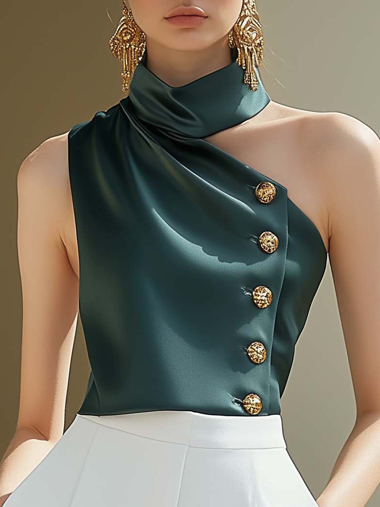 One Shoulder Round Neck Green Satin Shirt With Buttons
