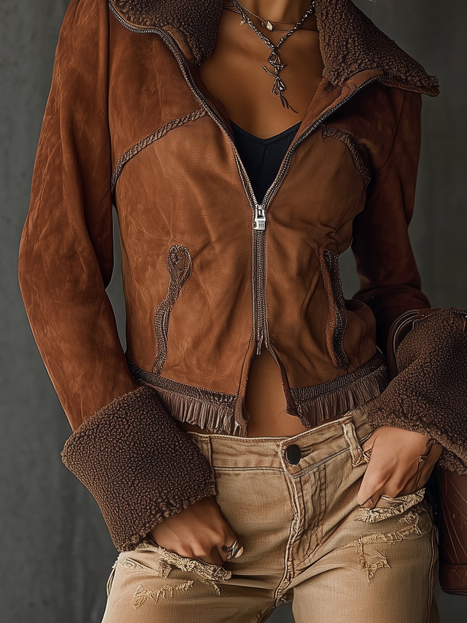 Vintage Brown Suede Grained Fur Collar Jacket