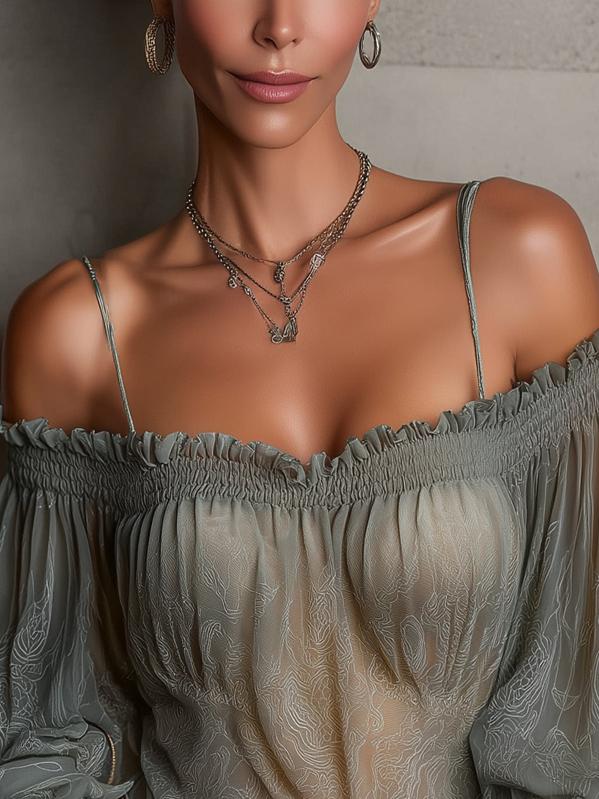 Green Sheer Off-Shoulder Floral Chiffon Blouse