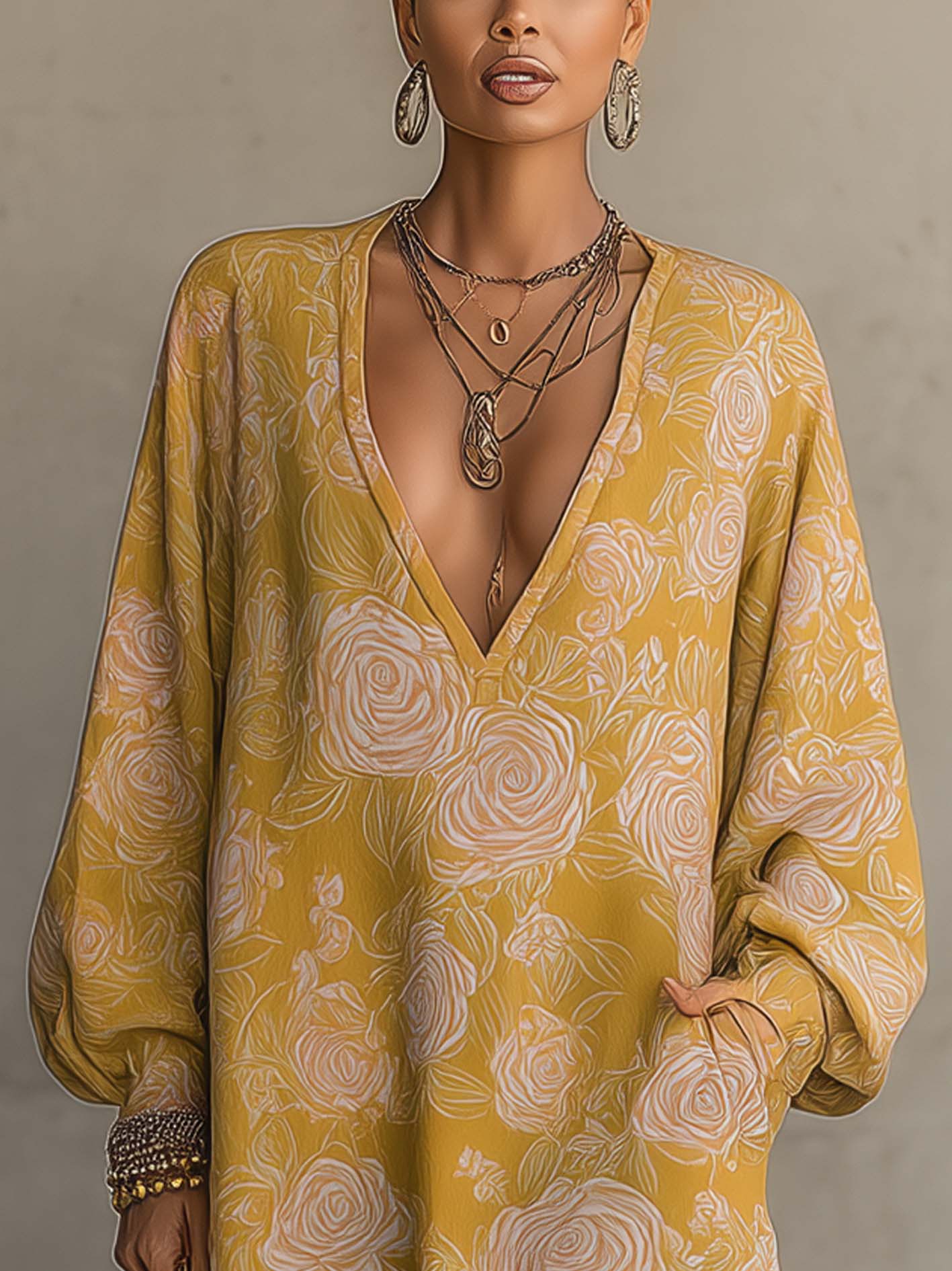 Yellow Rose Print Cotton-Linen V-Neck Long Sleeve Mini Dress