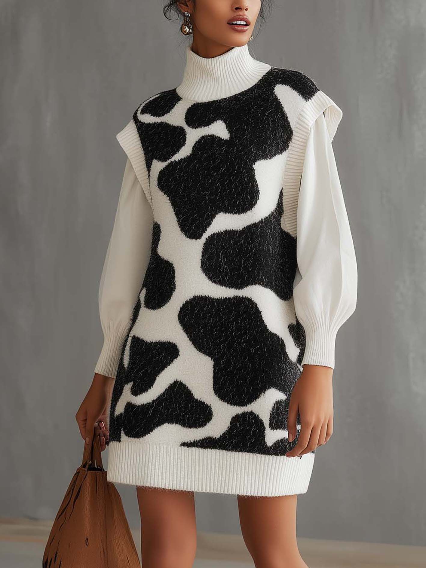 Fashion Patchwork Cow-print White Knitted Mini Dress