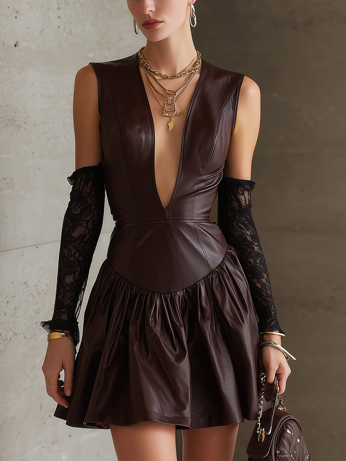 Chocolate Deep V-Neck Faux Leather Mini Dress With Lace Arm Warmers