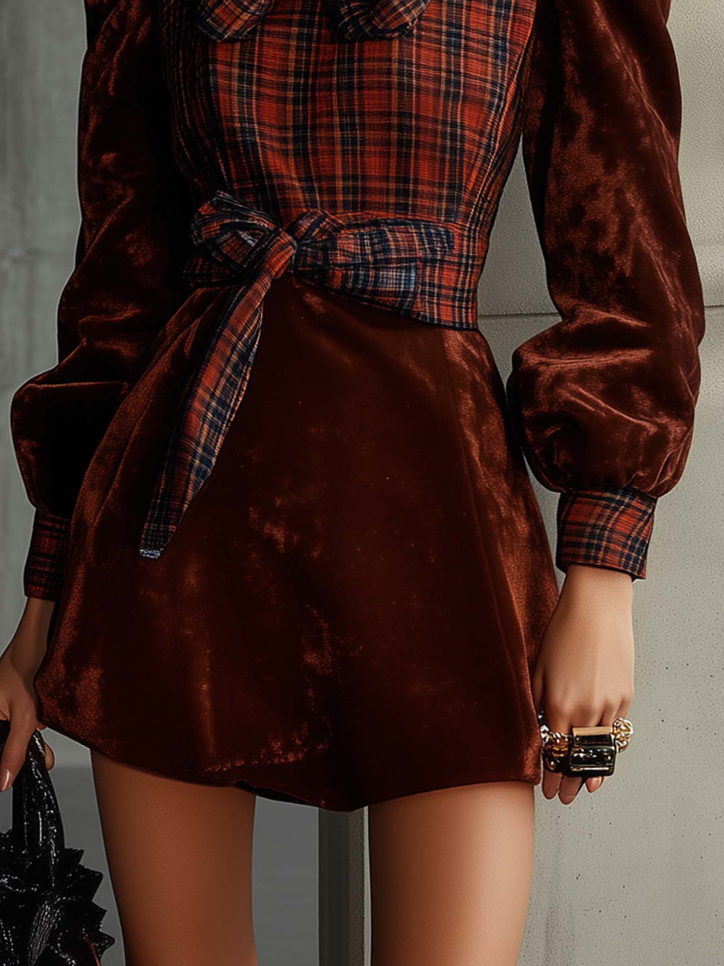 Brown Velvet Mini Dress With Patchwork Plaid And Belt