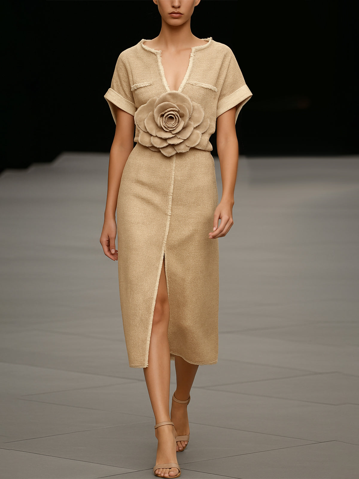 Beige Midi Dress With Floral Waist Detail