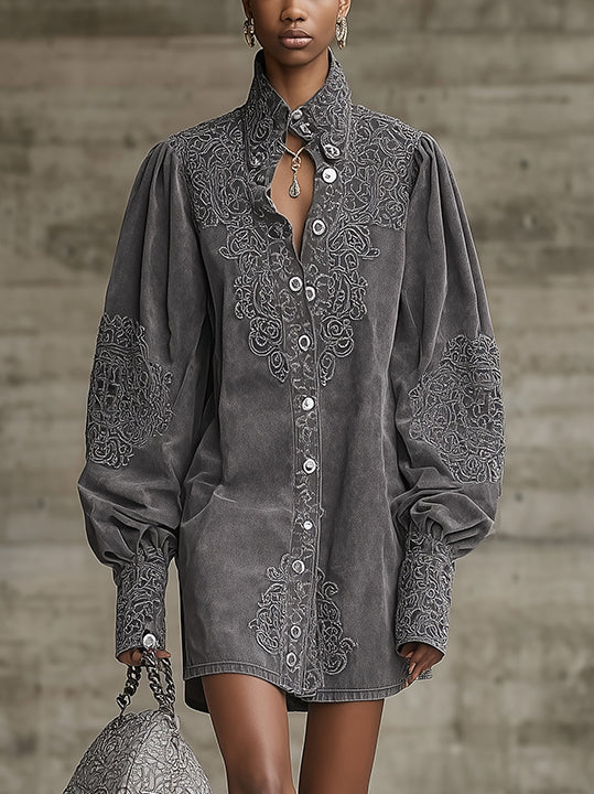 Gray Embroidered Faux Suede Mini Dress
