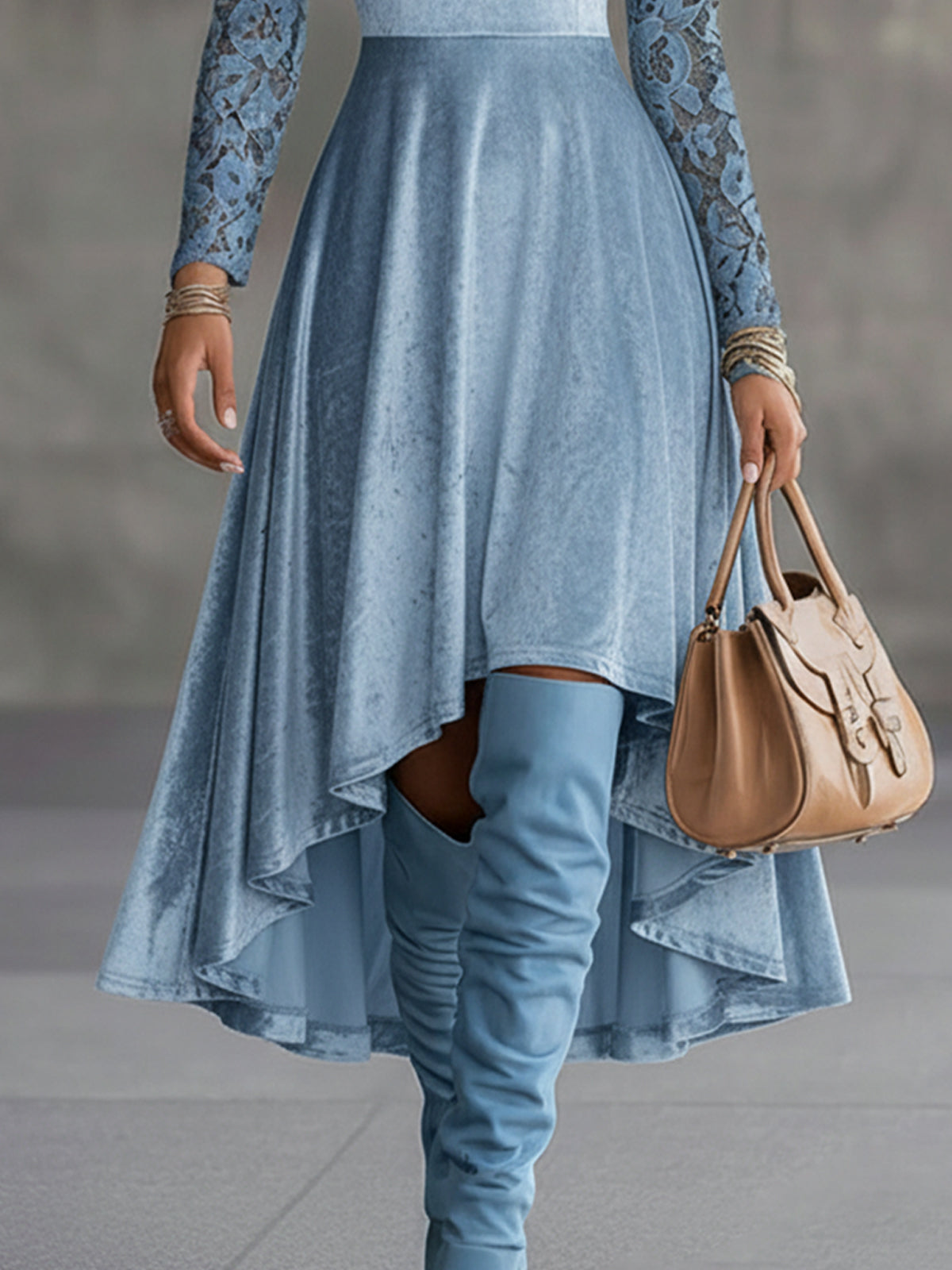Blue Velvet High-Low Dress With Lace Sleeves And Keyhole Neckline