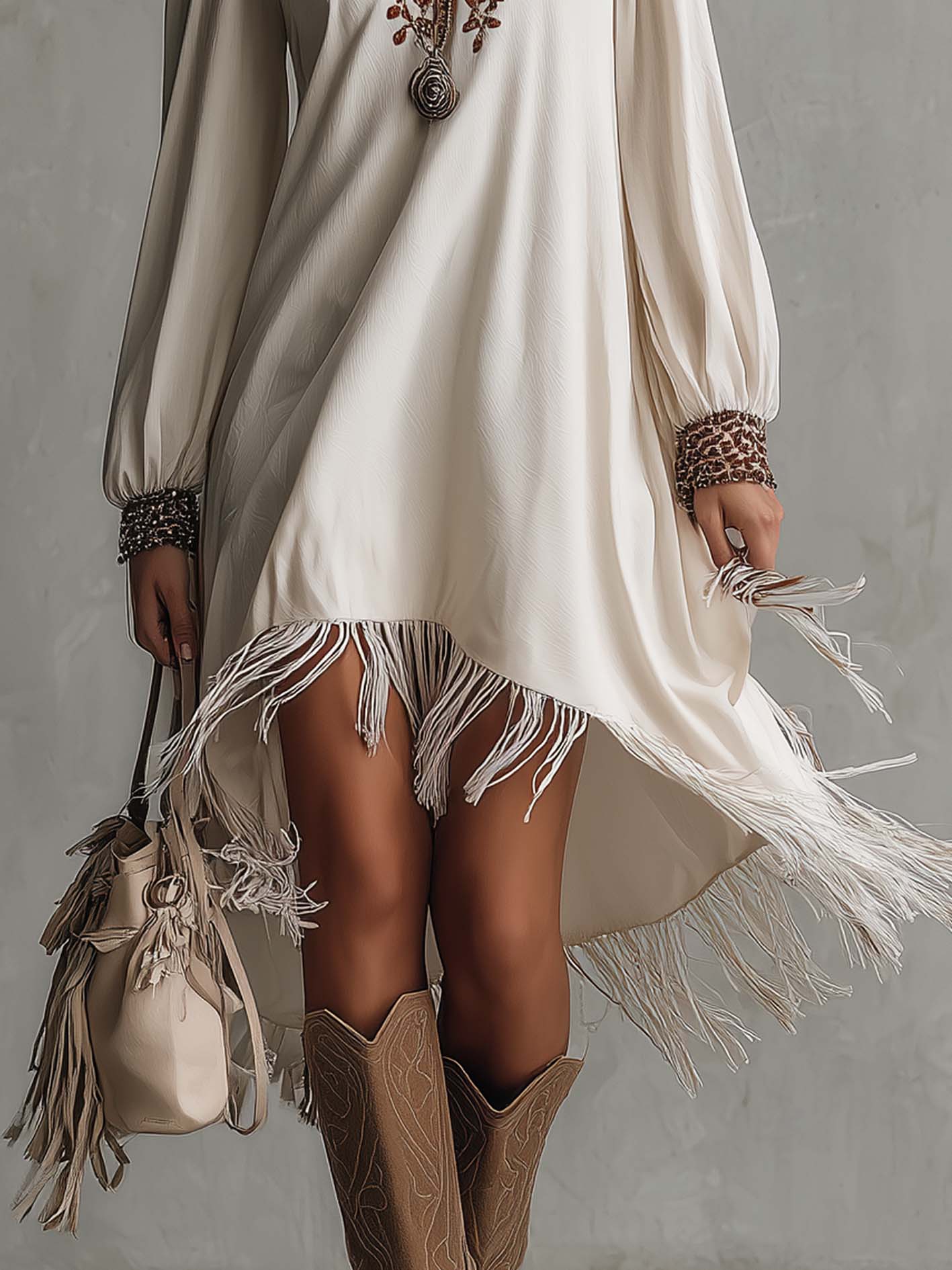 White Cotton Linen Mini Dress With Faux Suede Fringe And Leopard Embroidery