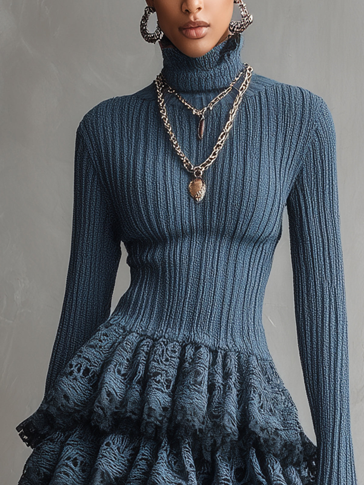 Blue Knit Turtleneck Mini Dress With Tiered Lace Skirt
