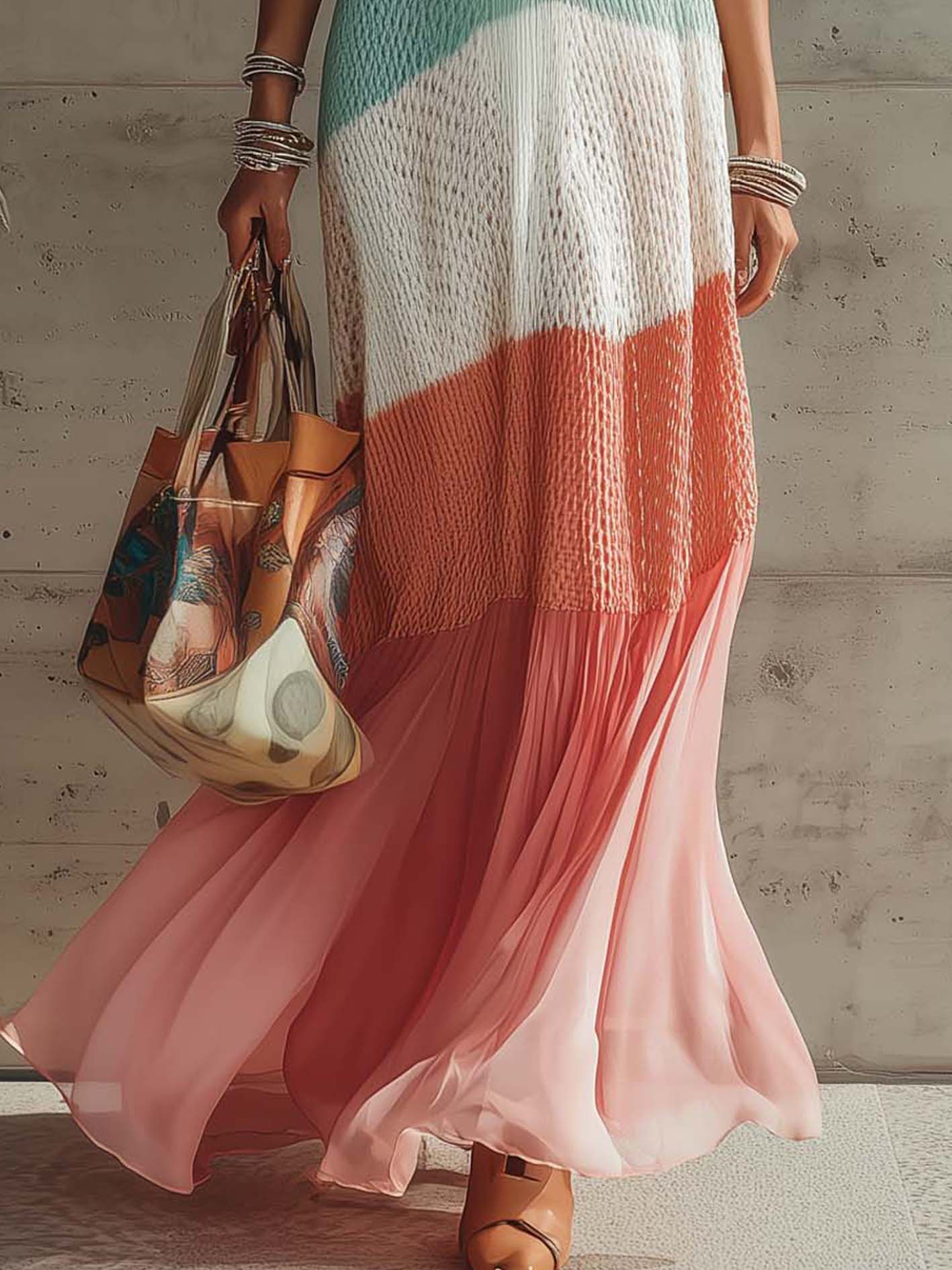 Colorblock Sleeveless Knit Chiffon Maxi Dress