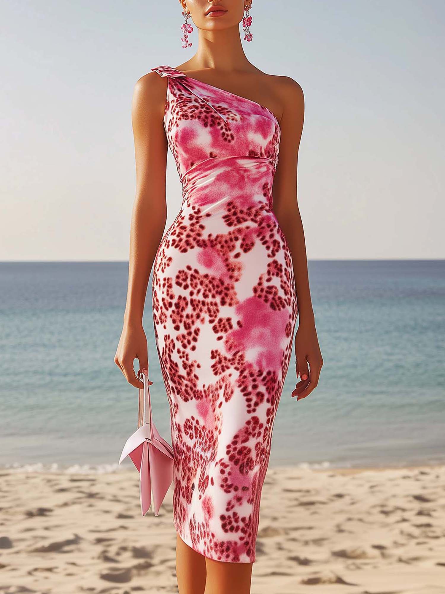 Midi Bodycon Dress With Pink Floral And Leopard Gradient Print