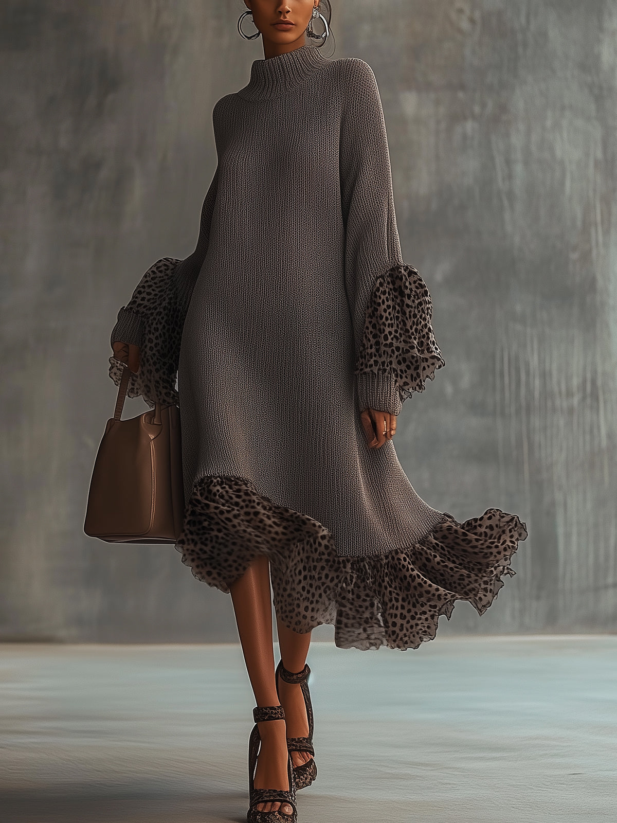 Knitted Midi Dress With Leopard Print Chiffon Ruffled Hem