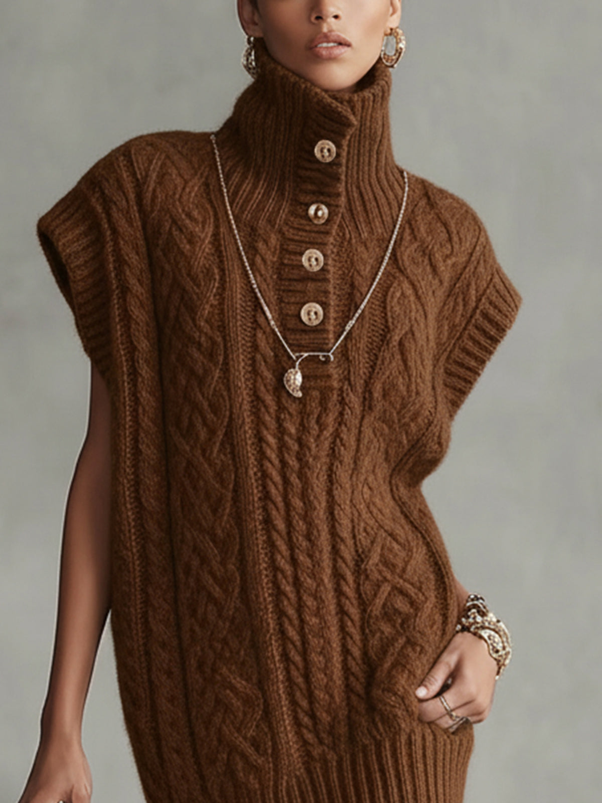 Brown Cable Knit Sleeveless Turtleneck Mini Sweater Dress