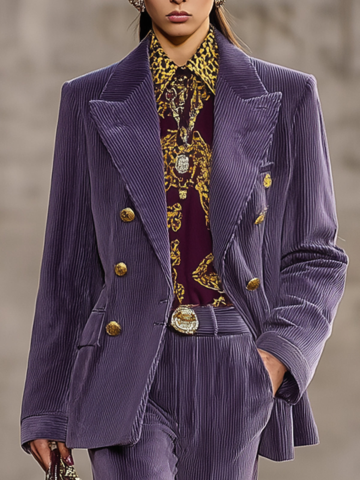 Lavender Corduroy Double Breasted Blazer With Gold Accents