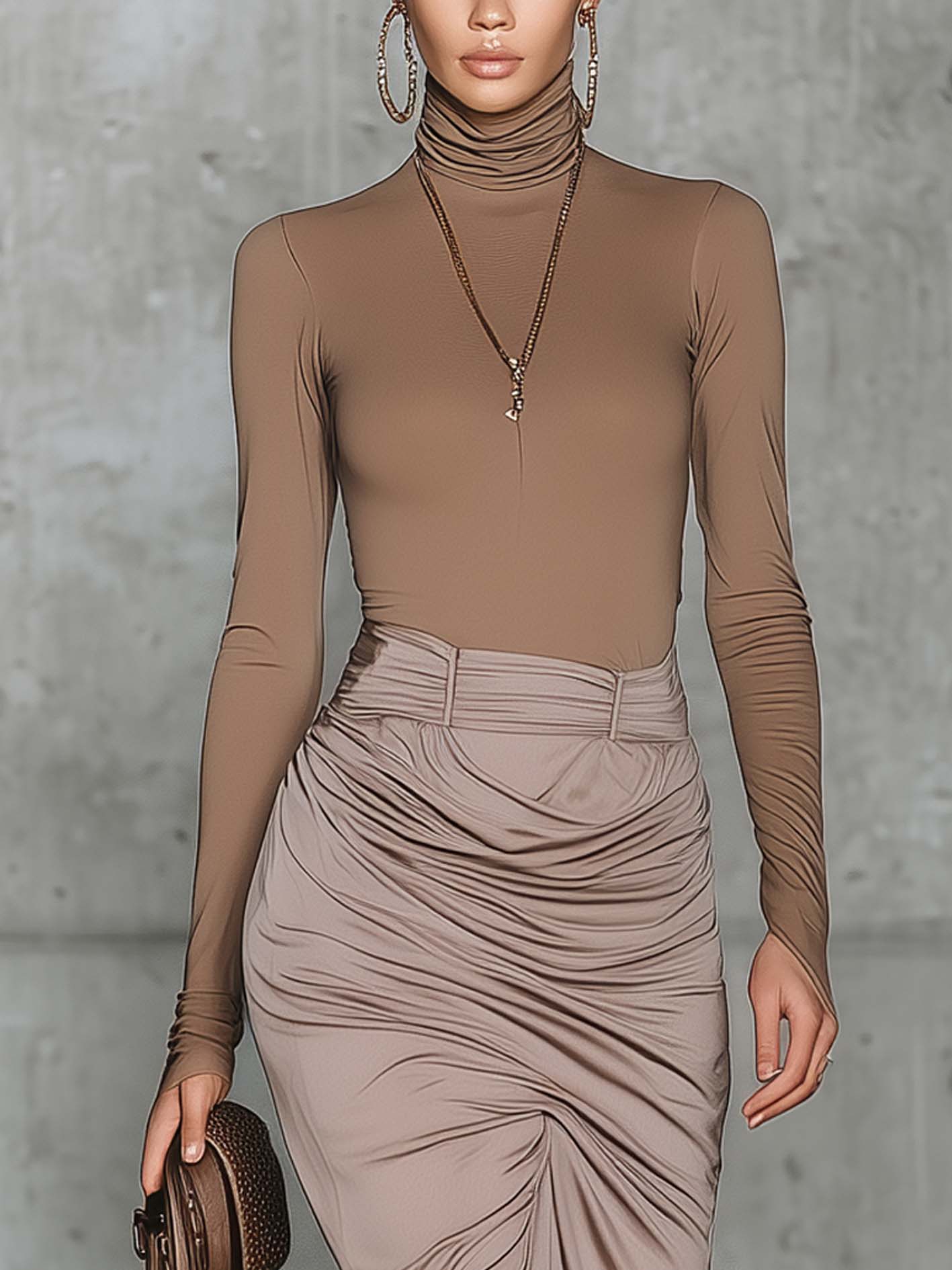 Light Coffee Satin Stretch Bodycon Top And Ruched High Waist Split Skirt Set