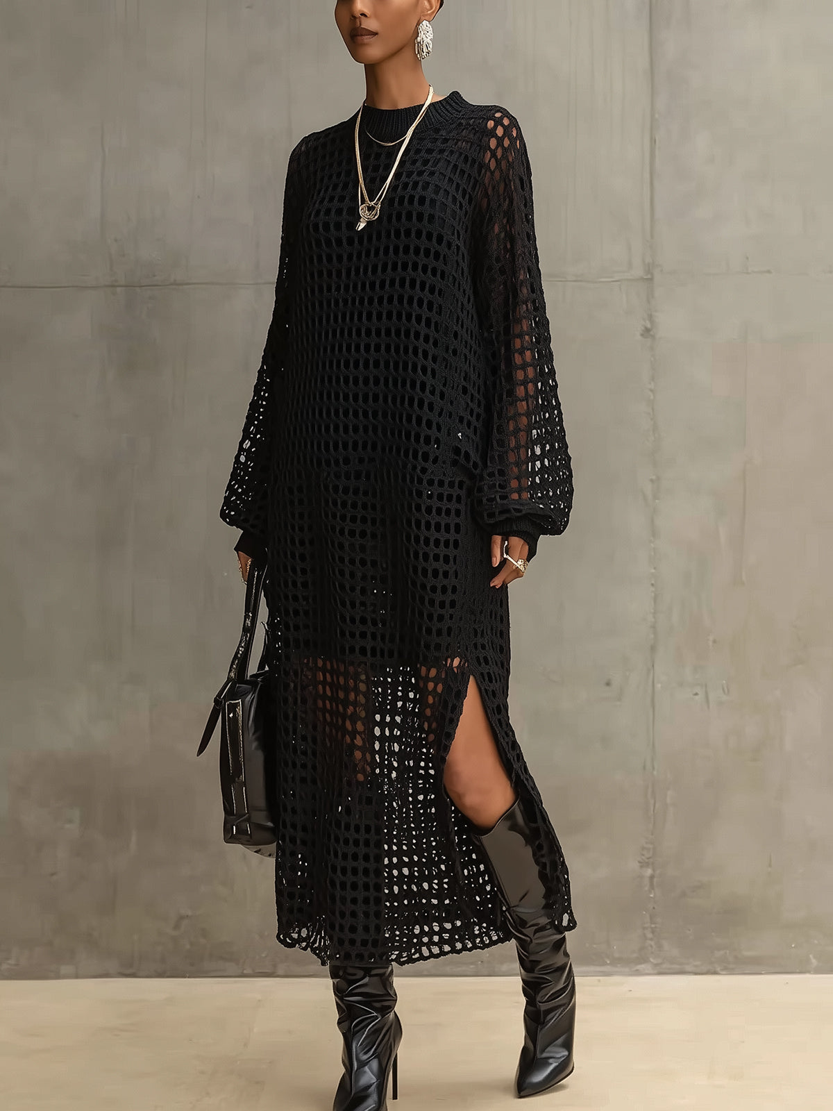 Black Fishnet Long-Sleeve Knit Maxi Dress Set