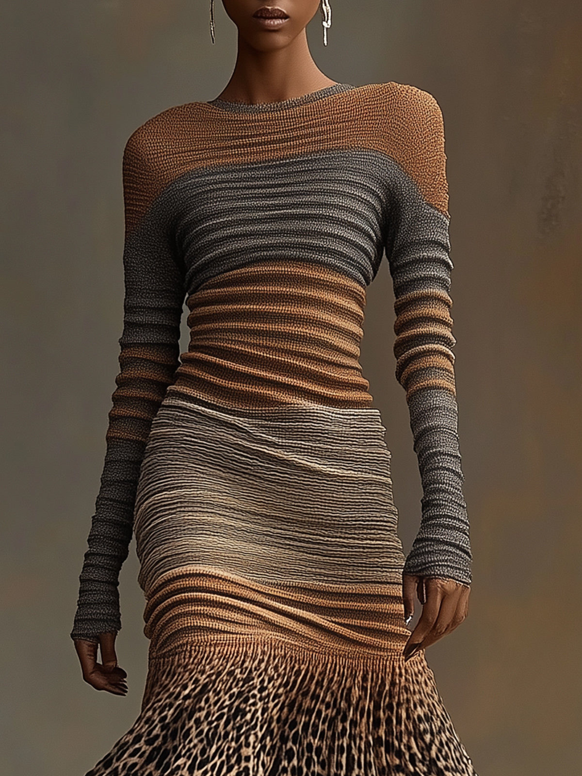 Ombre Striped Ribbed Knit Dress With Leopard Print Flared Hem