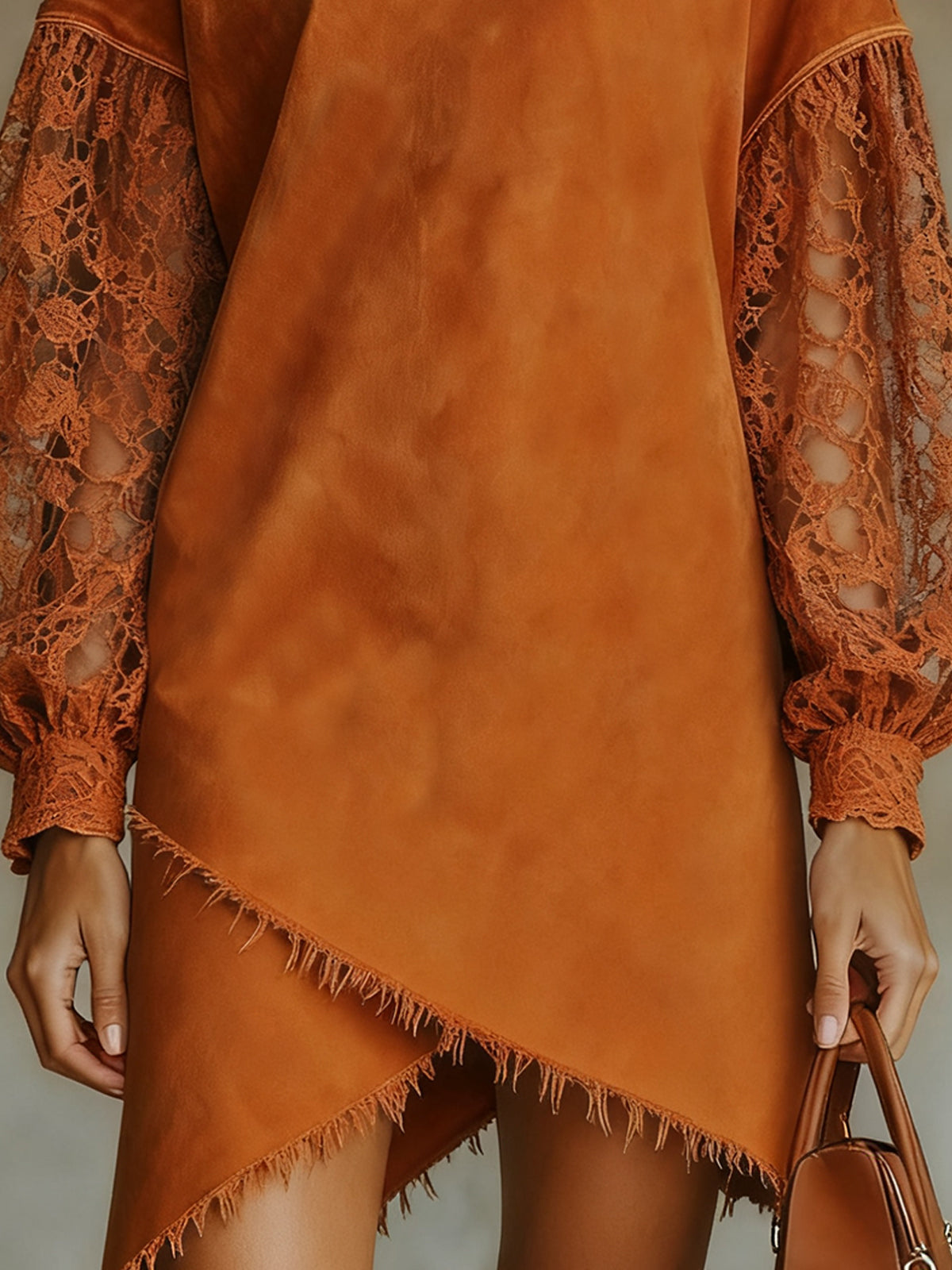 Orange Faux Suede Mini Dress With Lace Sleeves And Irregular Hem
