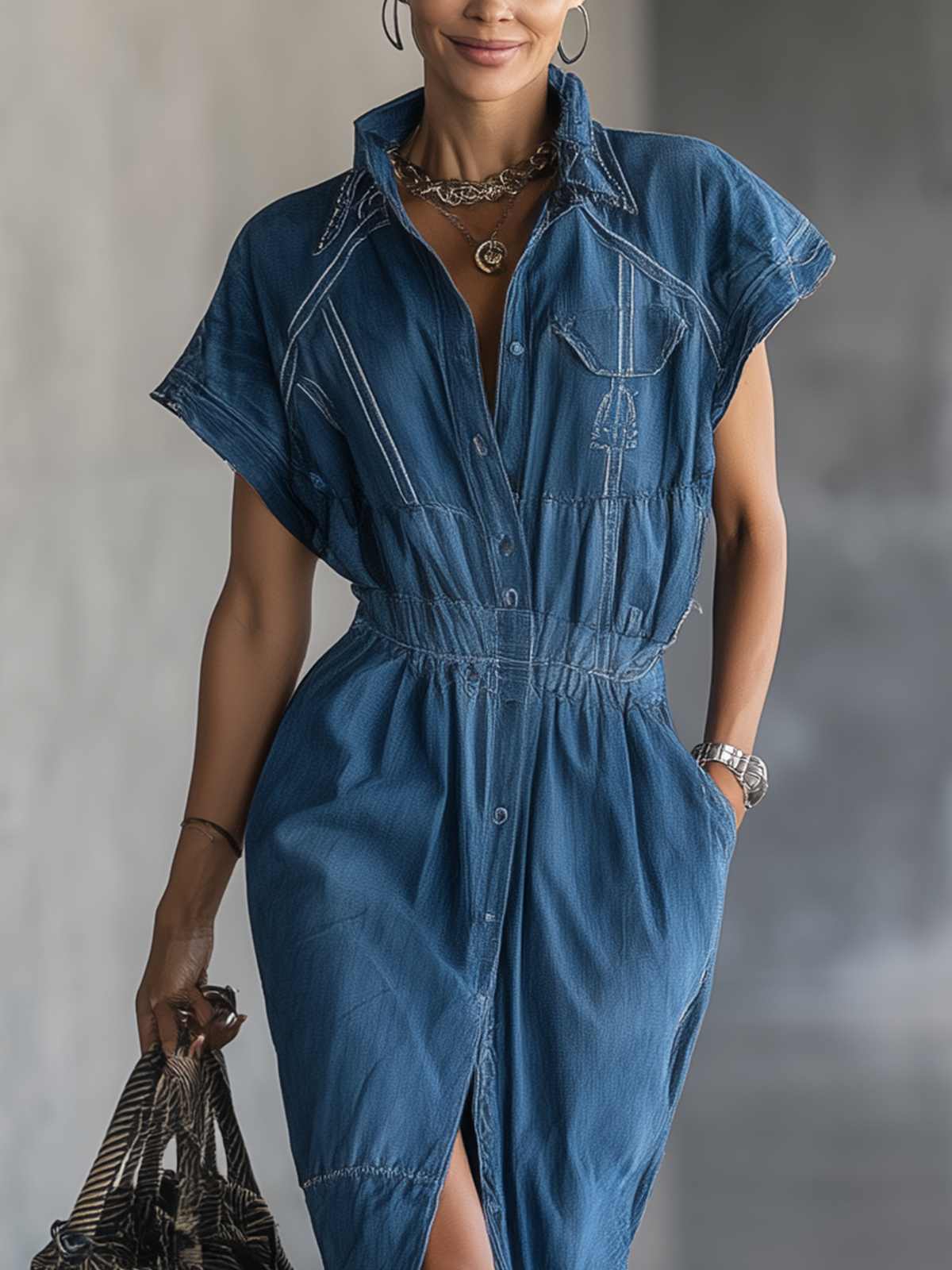 Indigo Button-Down Belted Midi Shirt Dress