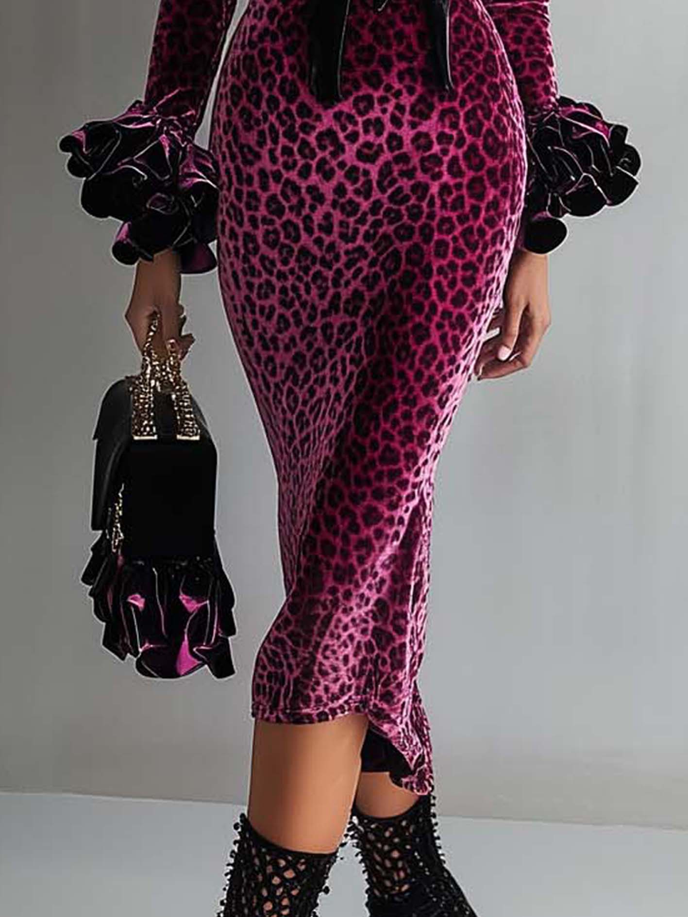 Pink Velvet Bodycon Dress With Leopard Print And Ruffles