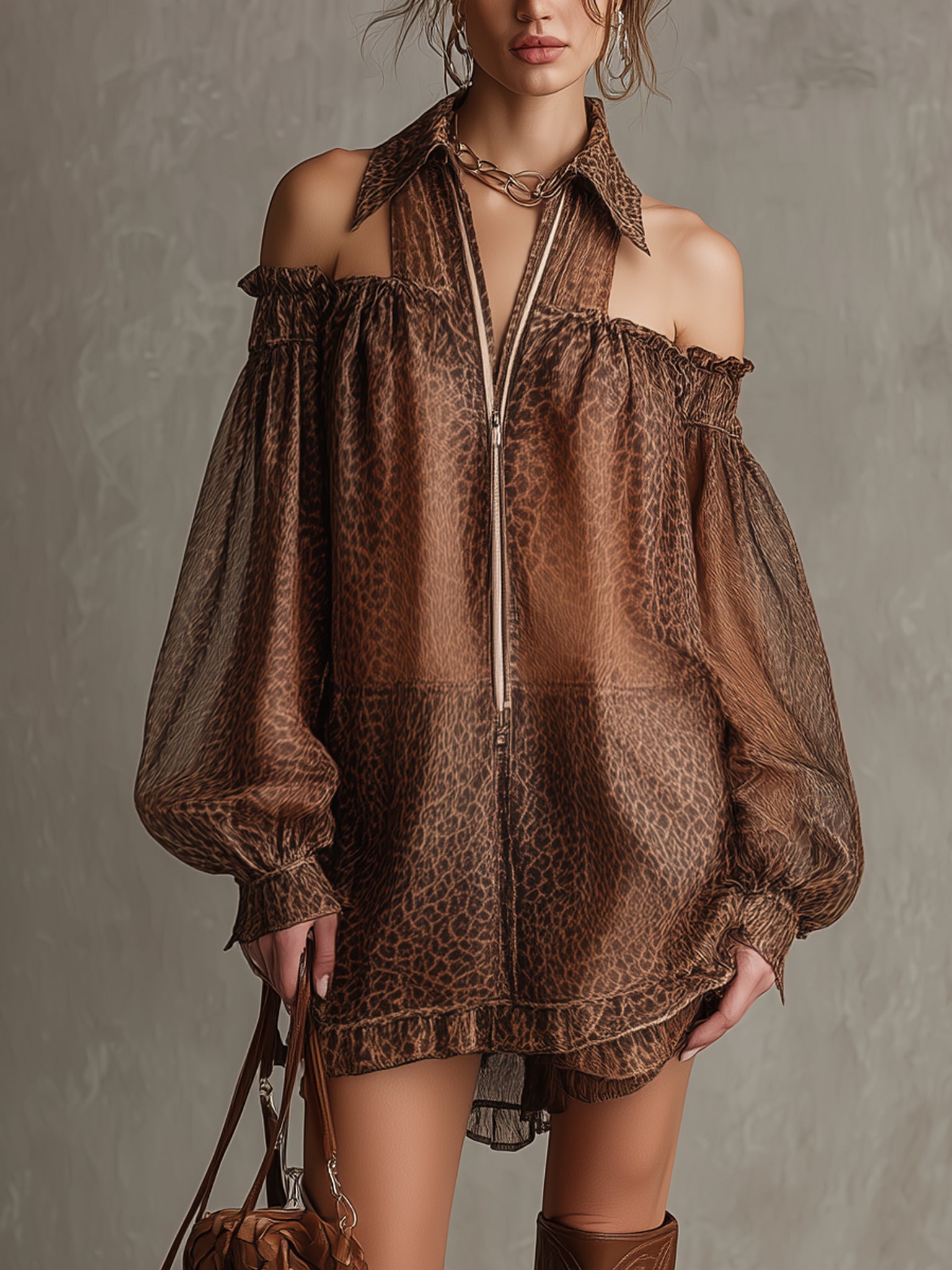Brown Leopard Print Chiffon Zip Up Mini Dress
