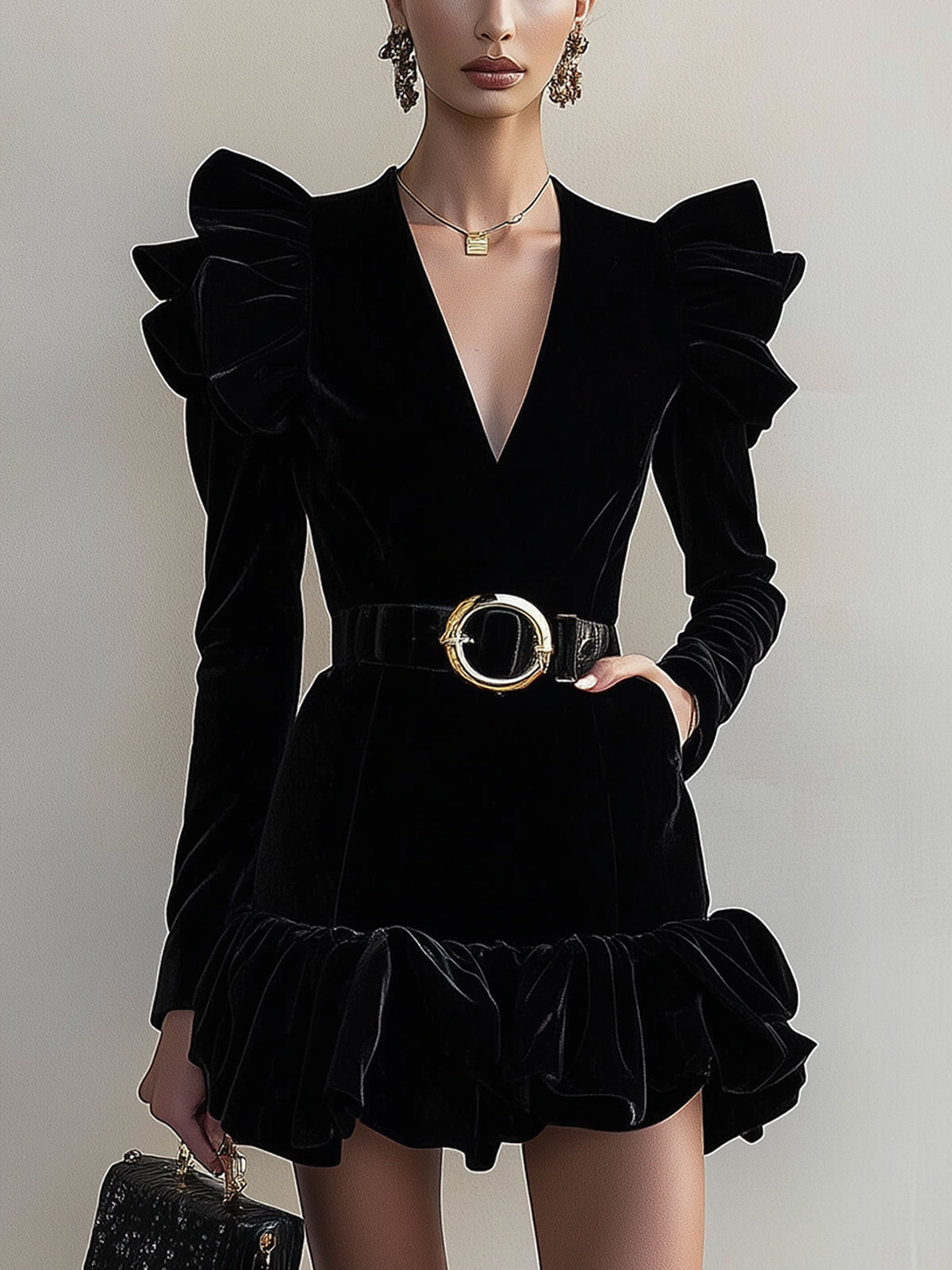 Black Velvet Ruffle V-Neck Mini Dress With Belt