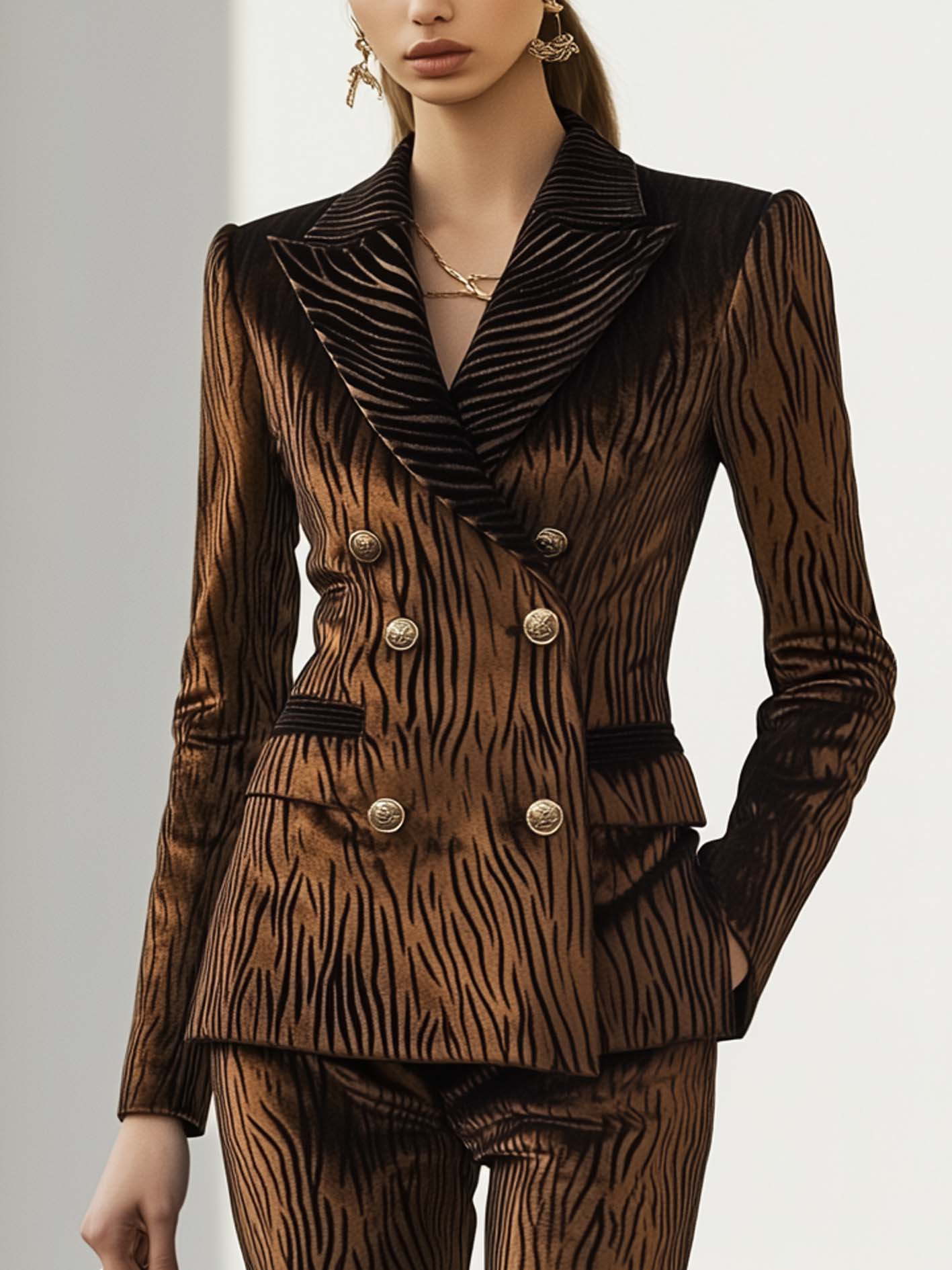 Double-breasted Brown Velvet Blazer With Zebra Print