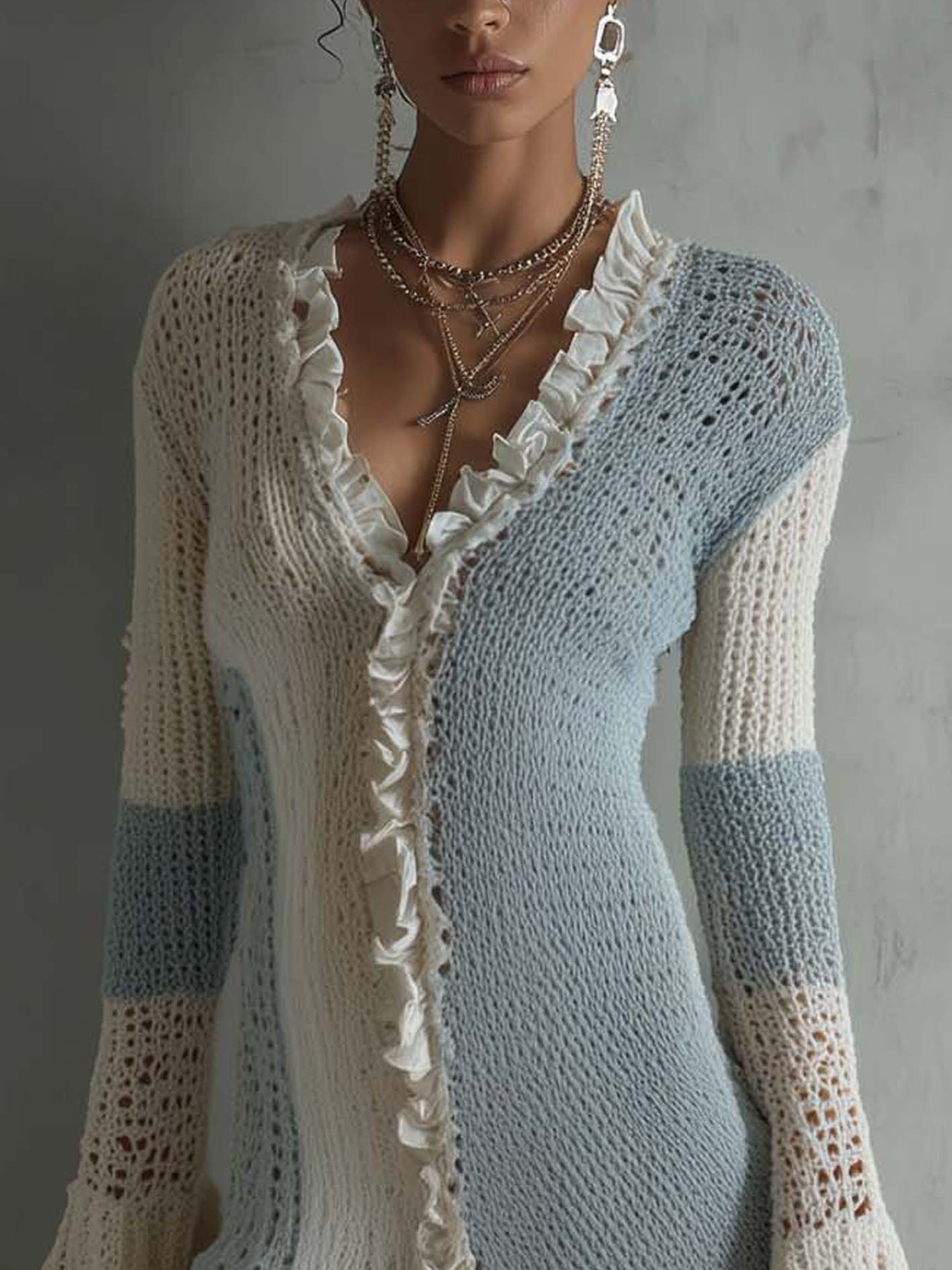 Sky Blue And White Ruffled Patchwork Knit Mini Dress