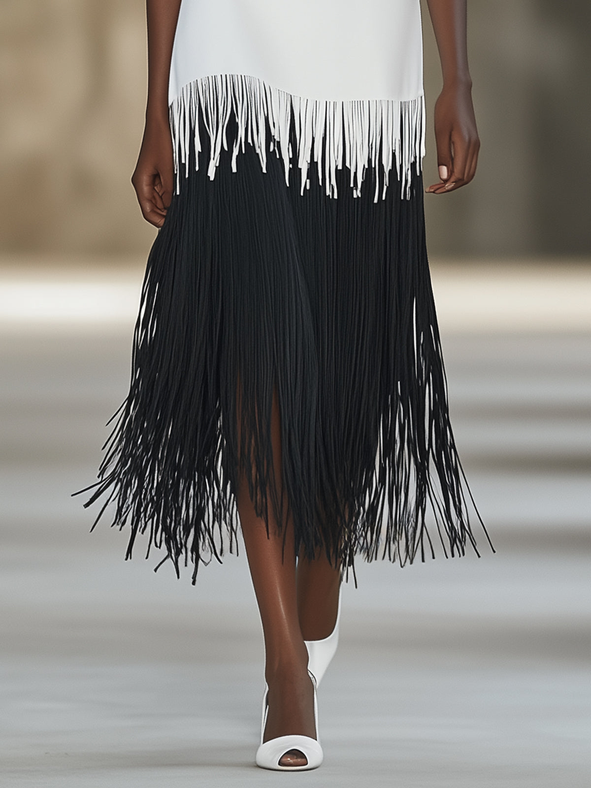 White Crepe Fringe Detail Crew Neck Sleeveless Midi Dress