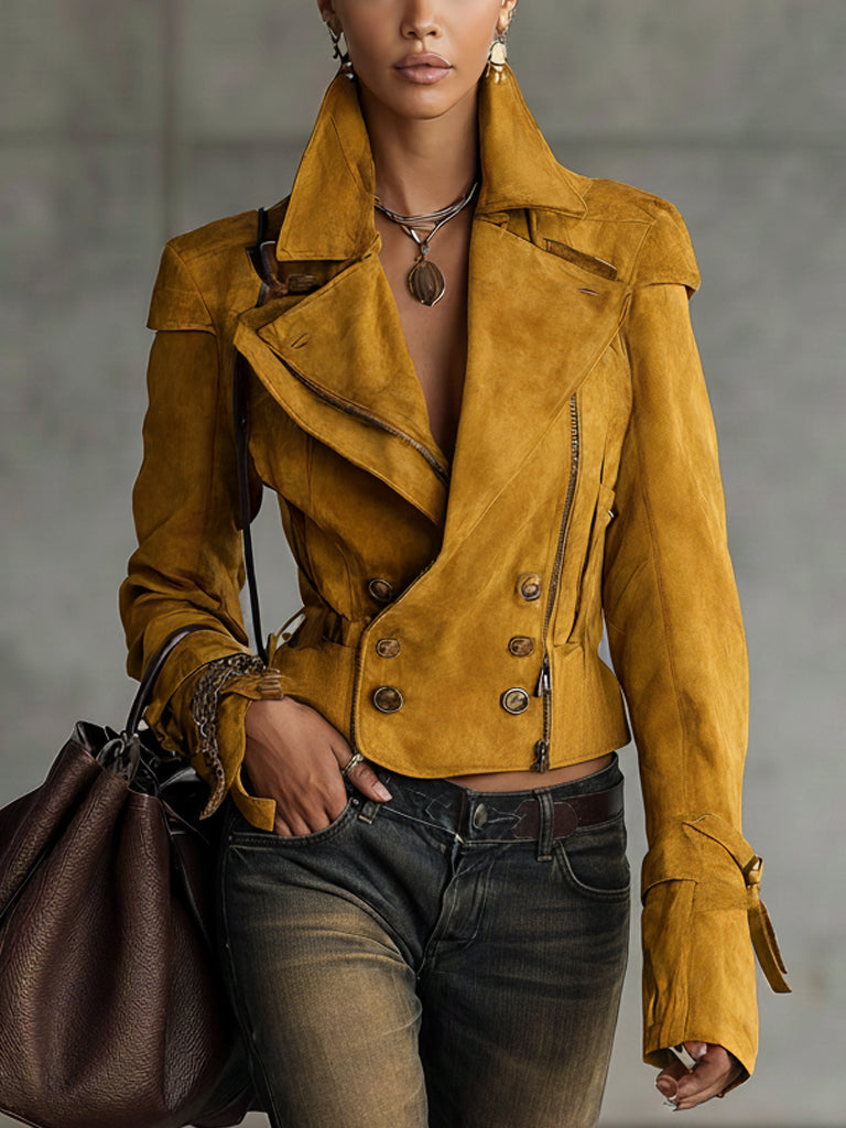 Mustard Distressed Suede Double Breasted Jacket